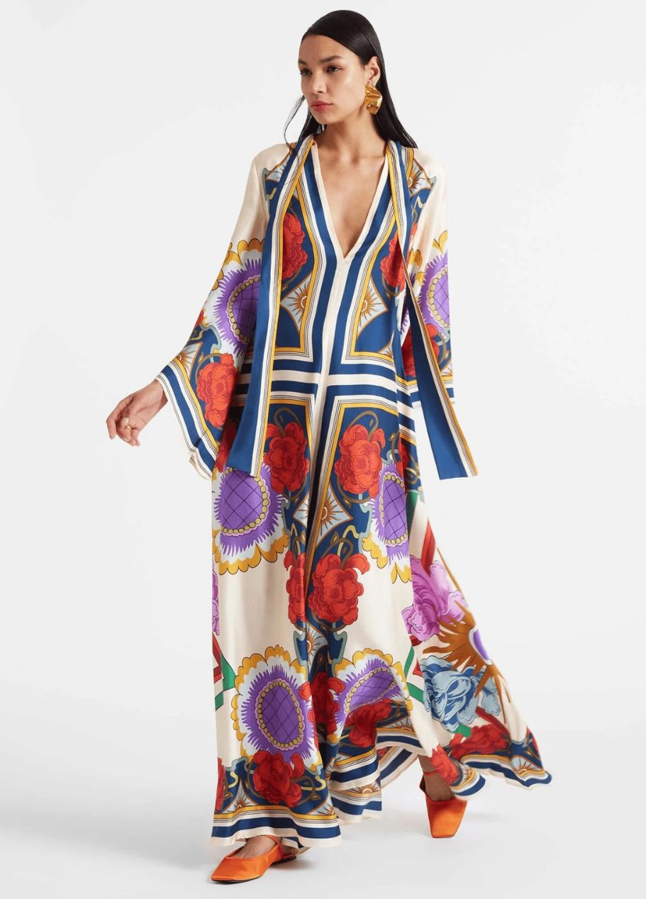 Printed Silk Maxi Dress with High Neck and Draped Sleeves