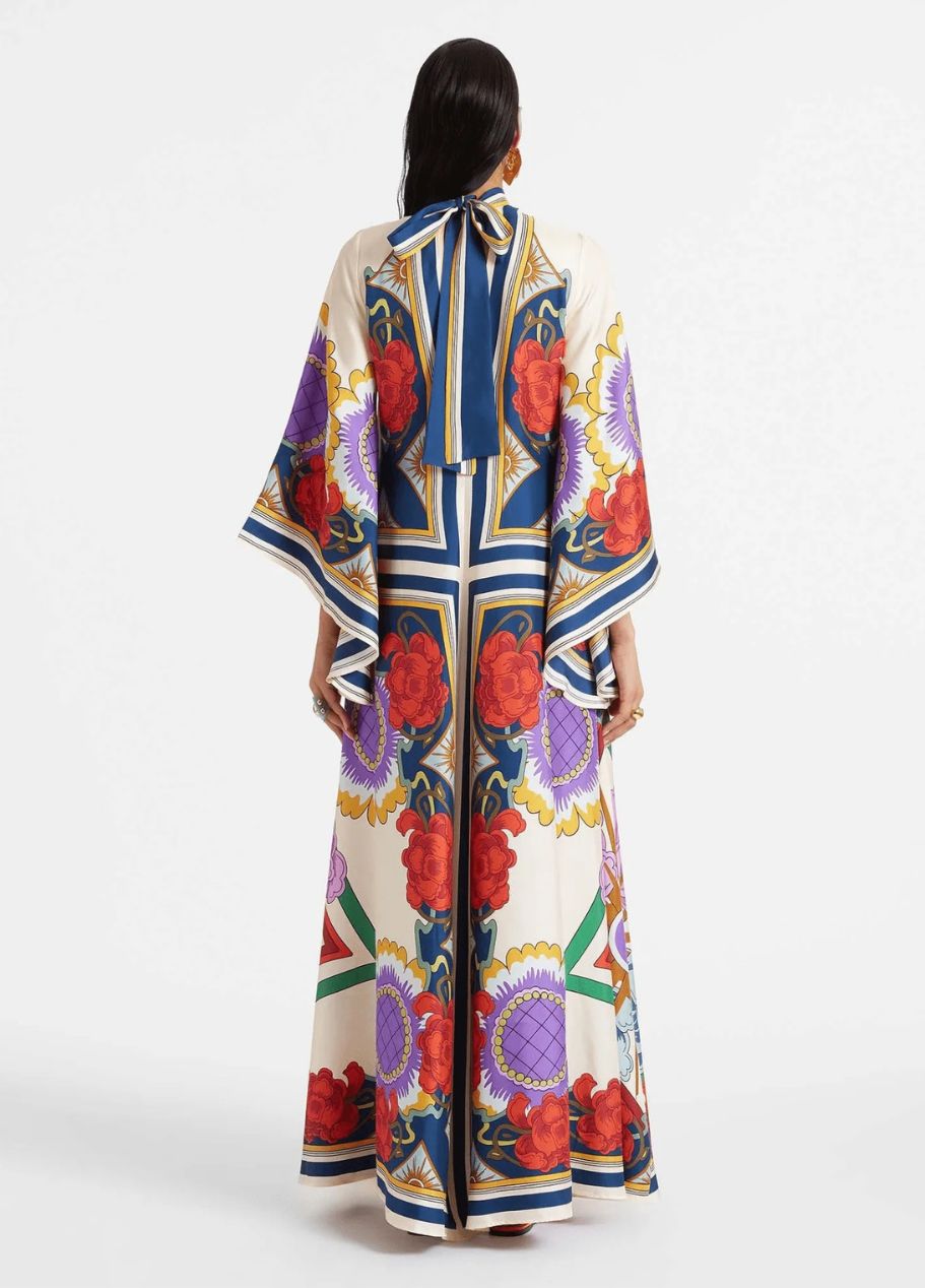 Printed Silk Maxi Dress with High Neck and Draped Sleeves