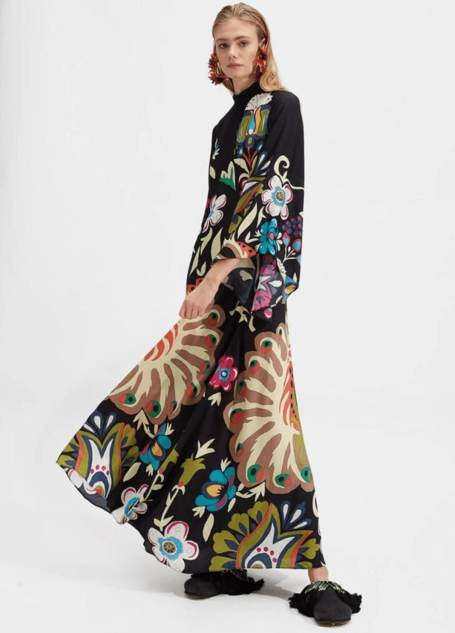 Printed Silk Maxi Dress with High Neck and Draped Sleeves