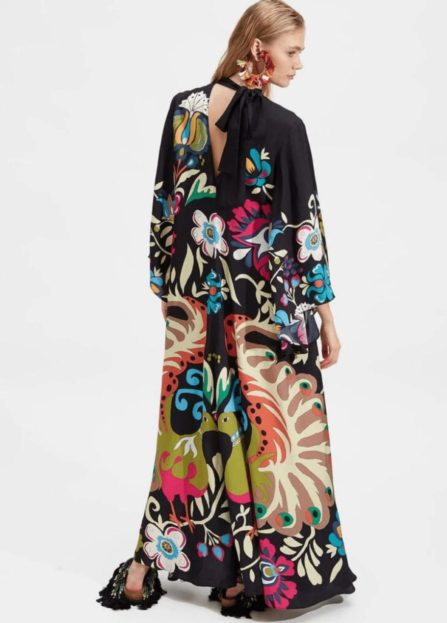 Printed Silk Maxi Dress with High Neck and Draped Sleeves
