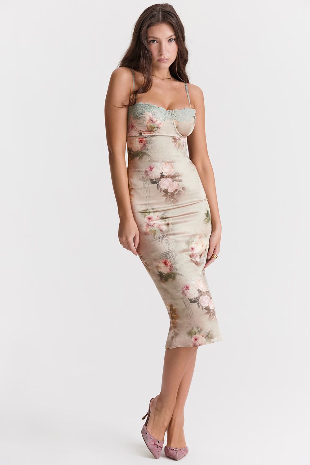 Floral Midi Dress with Lace Trim