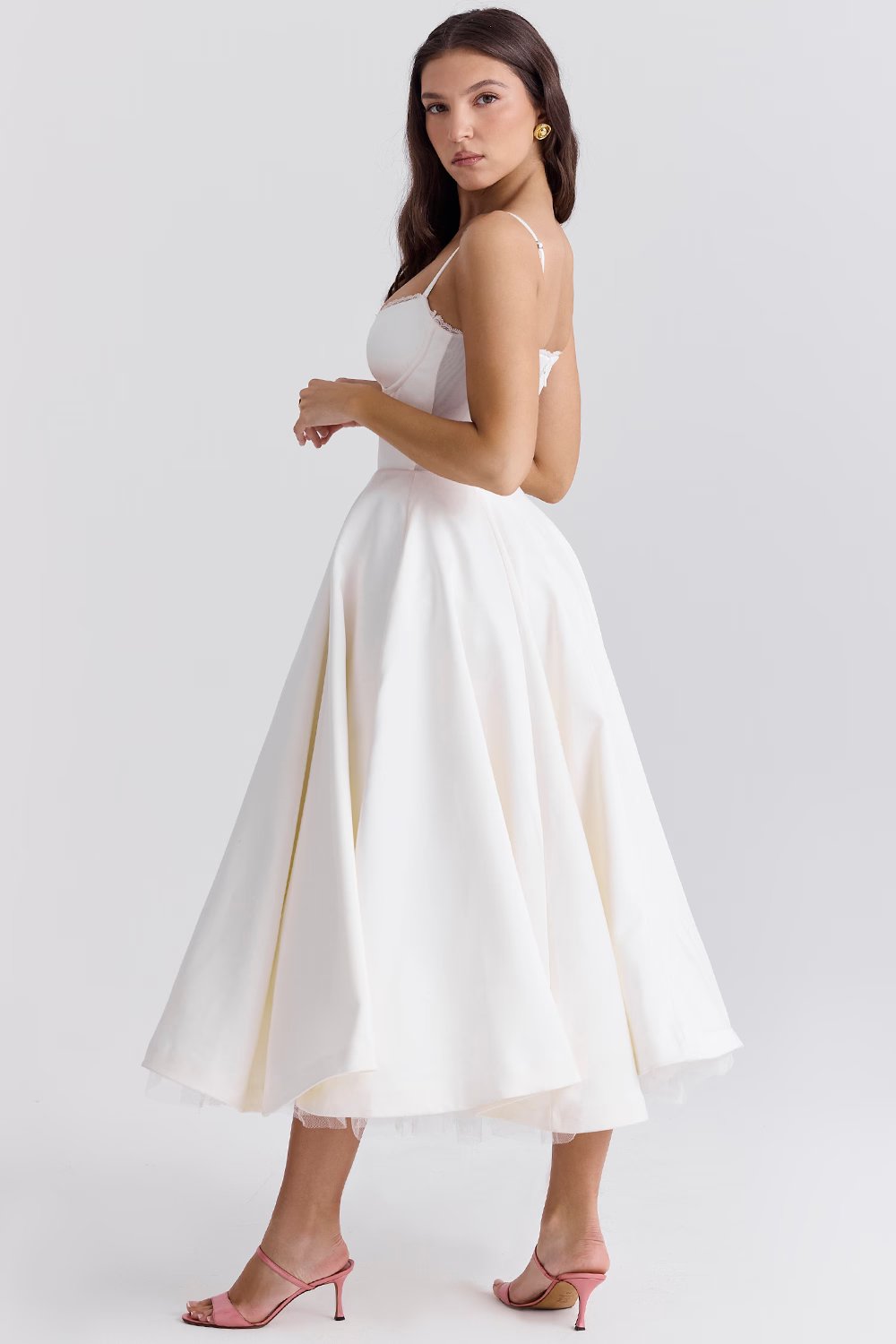 Romantic Satin Midi Dress with Corset Bodice and Sweetheart Neckline