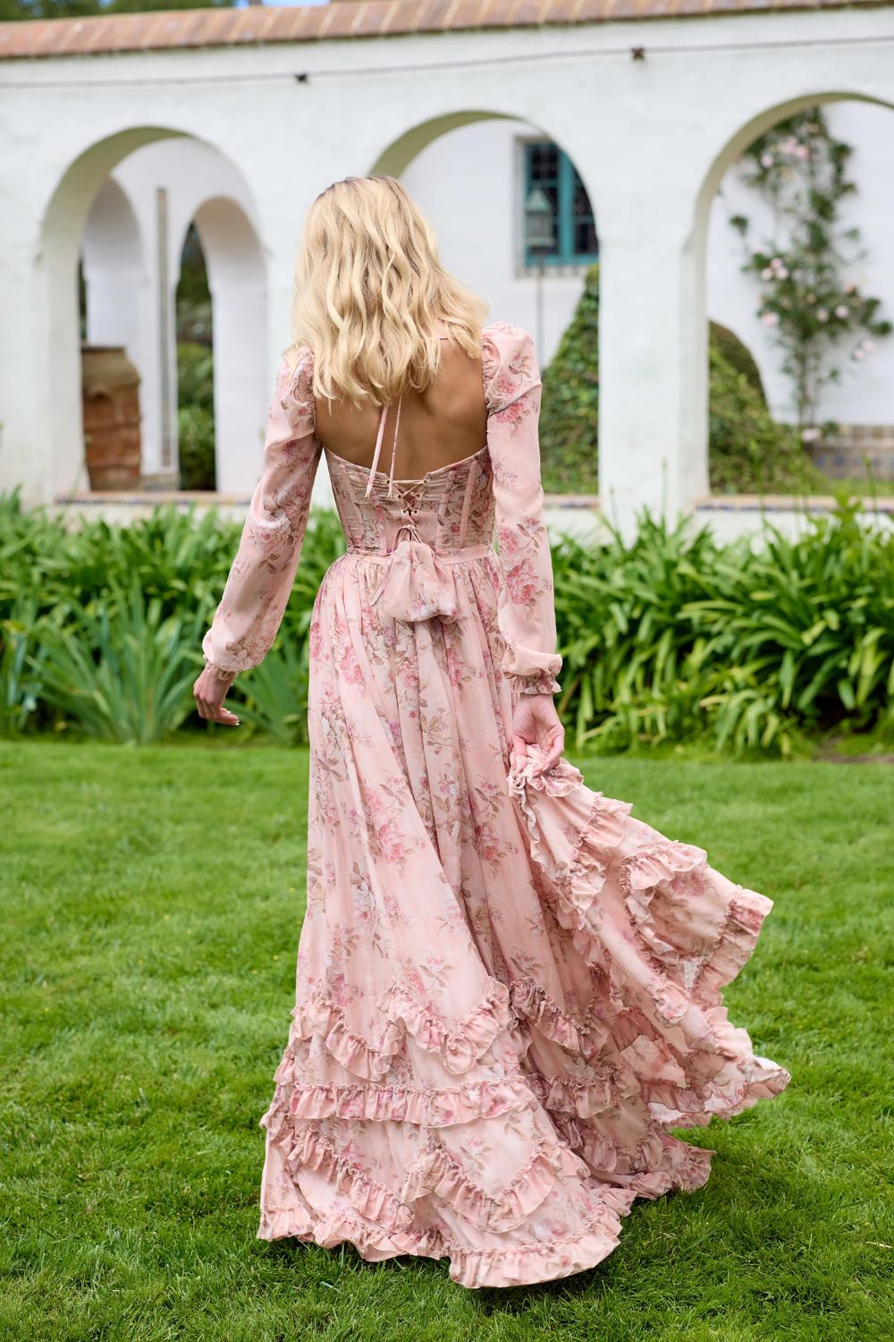 Tapestry Bloom Gown with Sheer Puff Sleeves and Bow Back Detail