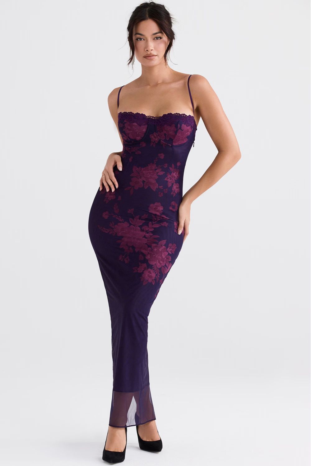 Floral Print Mesh Bodycon Maxi Dress