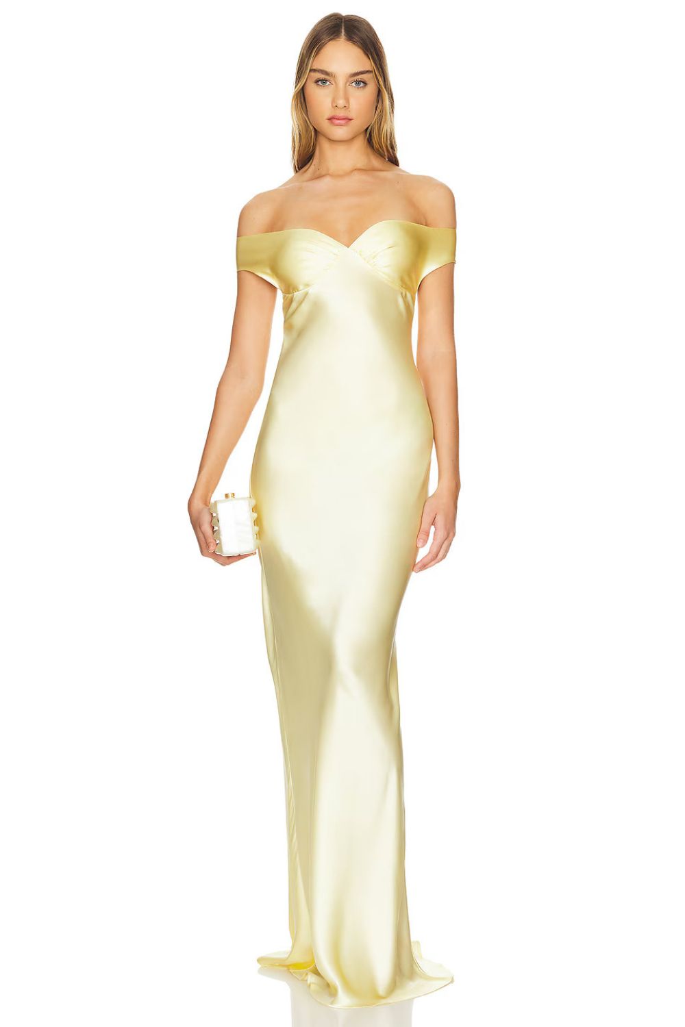 Lemon Off-Shoulder Satin Maxi Dress