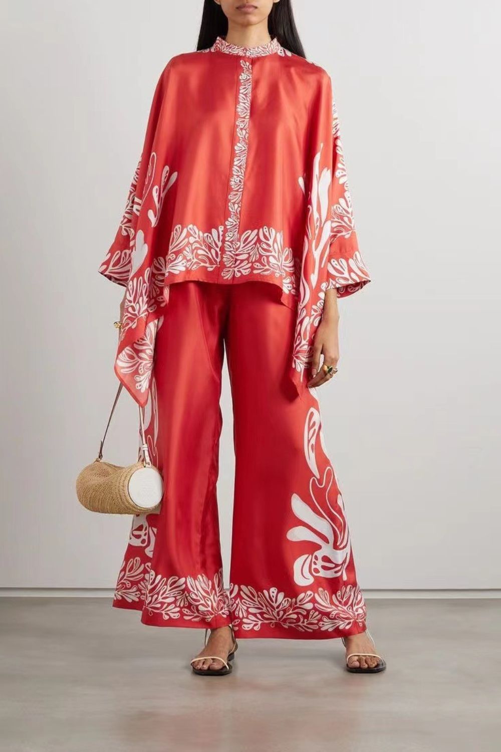 Silk Twill Wide Leg Pant and Top Set with Fan Print Luxe Resort Style