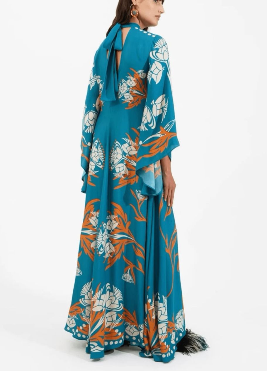 Printed Silk Maxi Dress with High Neck and Draped Sleeves