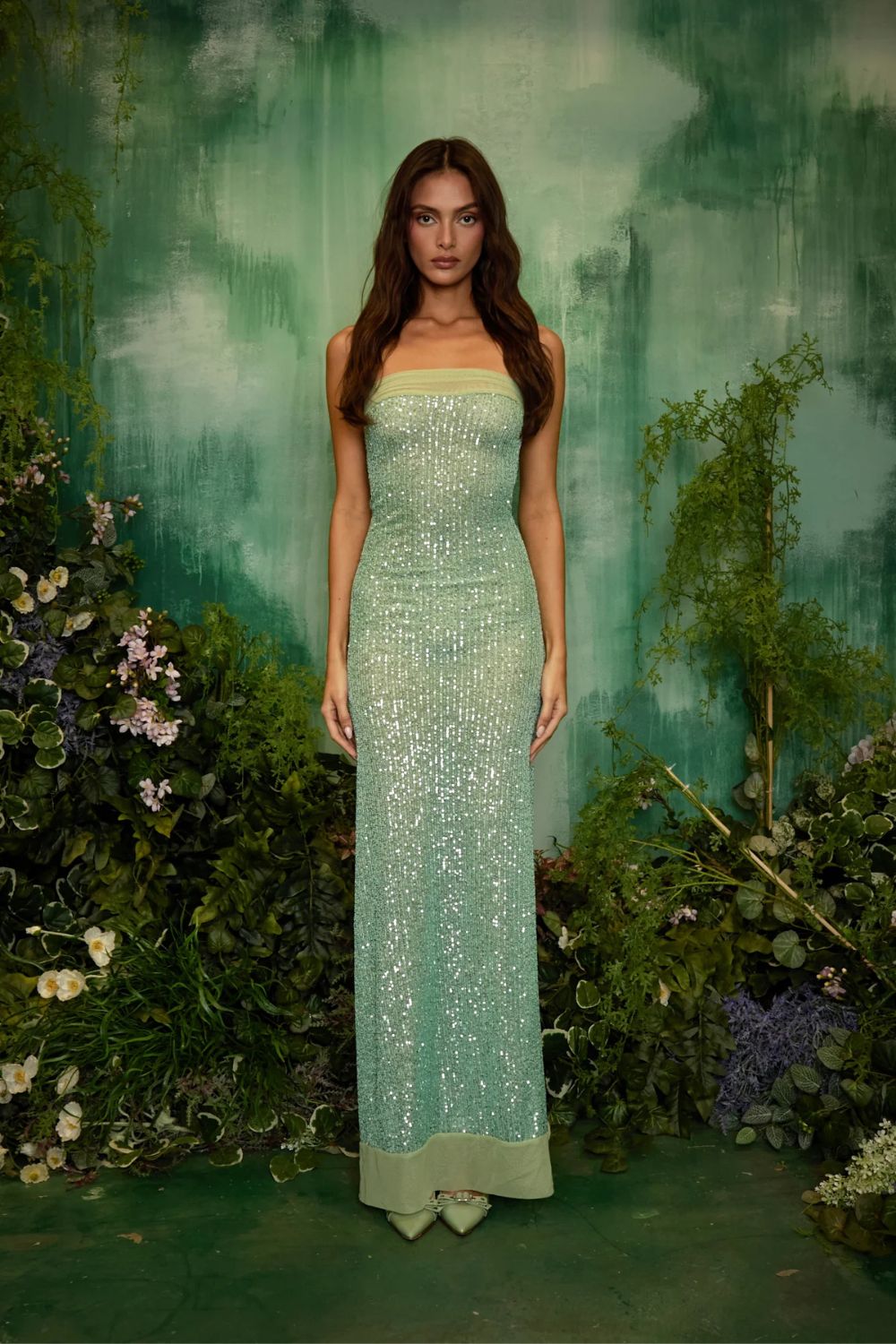 Sage Green Strapless Sequin Maxi Dress