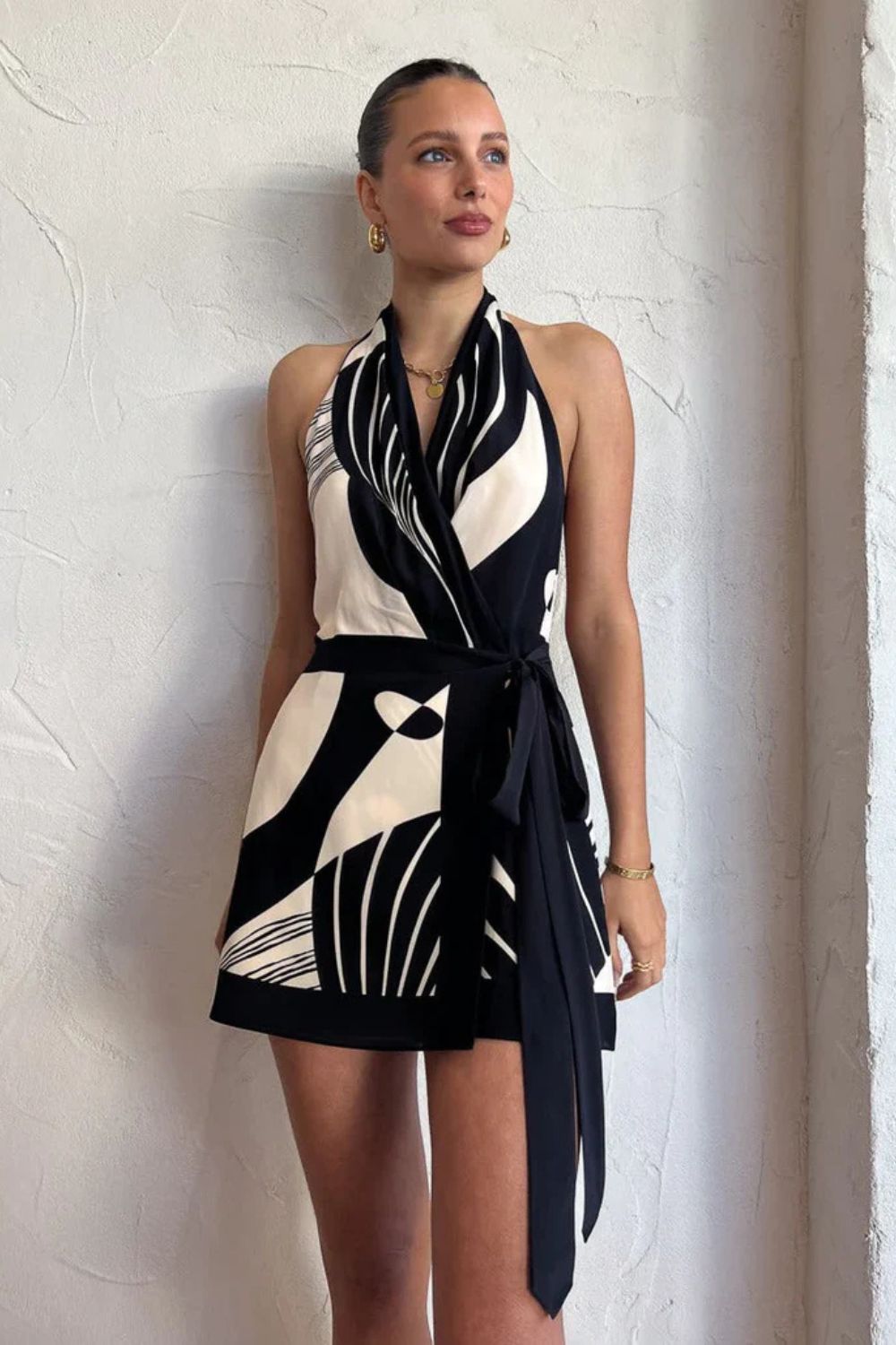 Halter Mini Dress with Abstract Print
