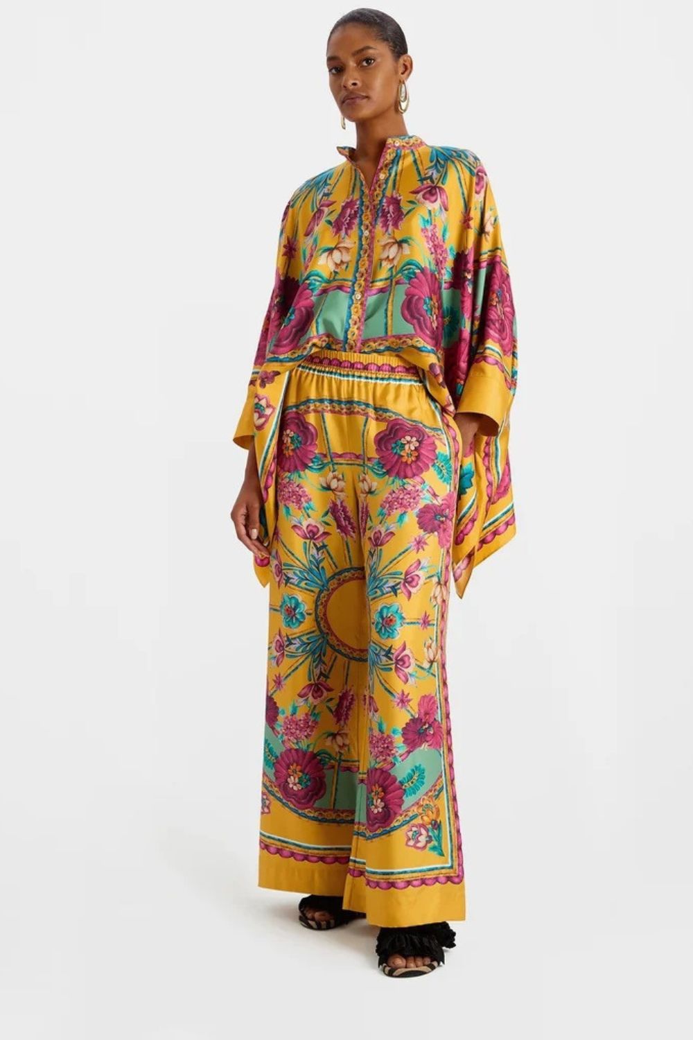 Silk Twill Wide Leg Pant and Top Set with Fan Print Luxe Resort Style