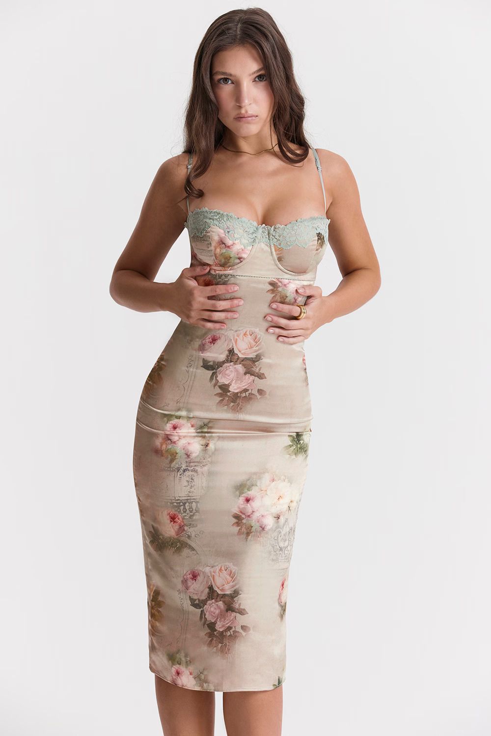 Floral Midi Dress with Lace Trim
