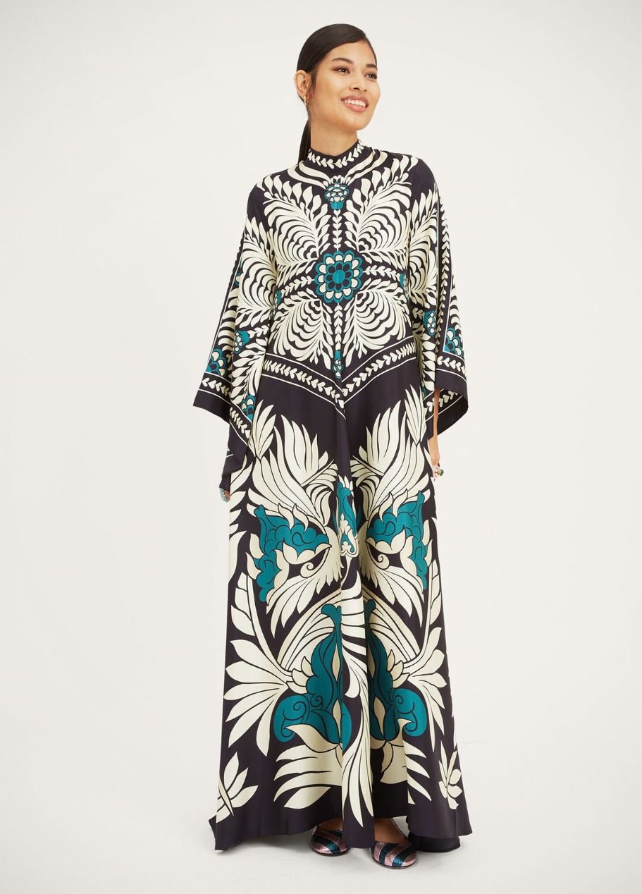 Printed Silk Maxi Dress with High Neck and Draped Sleeves