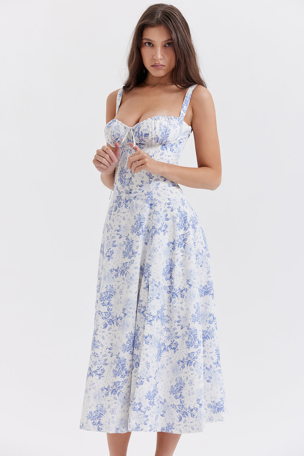 Romantic Floral Corset Midi Sundress with Straps