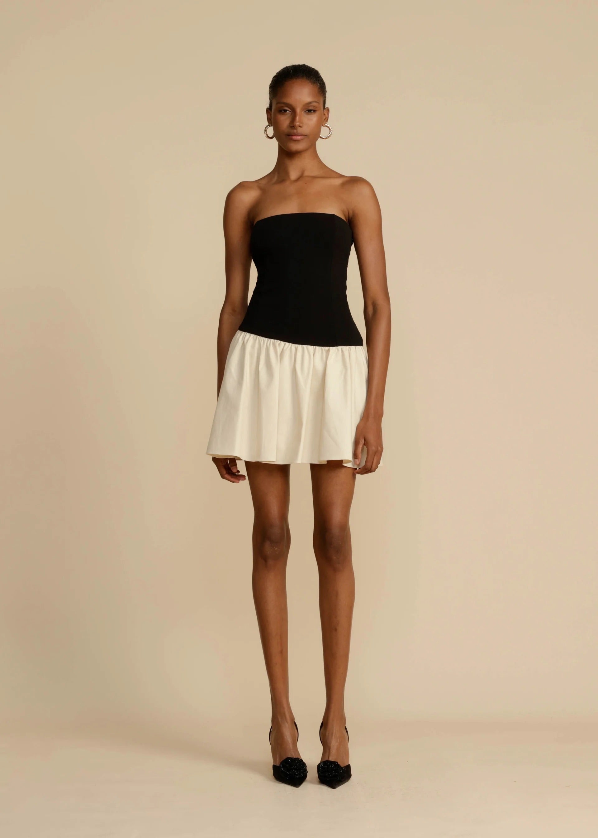 Black and Ivory Strapless Fit and Flare Mini Dress
