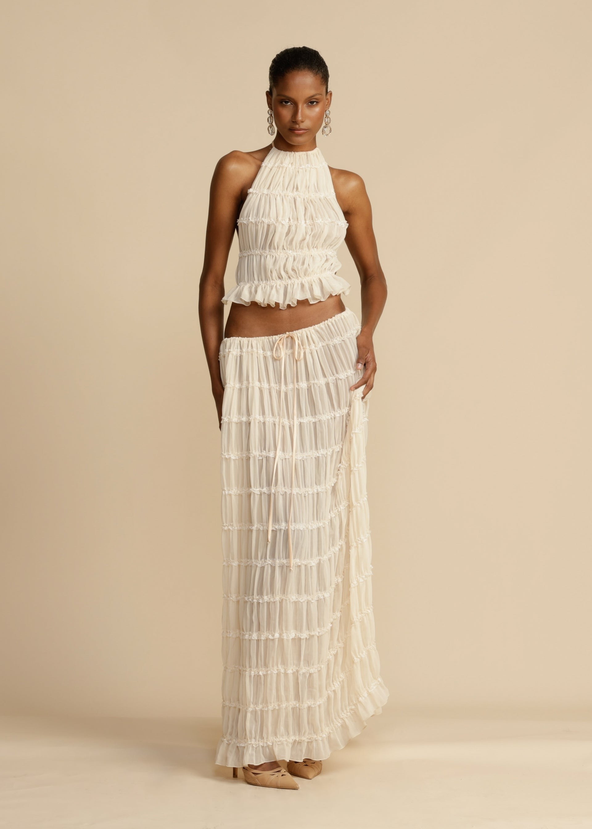 White Ruched Halter Maxi Skirt and Backless Top Set