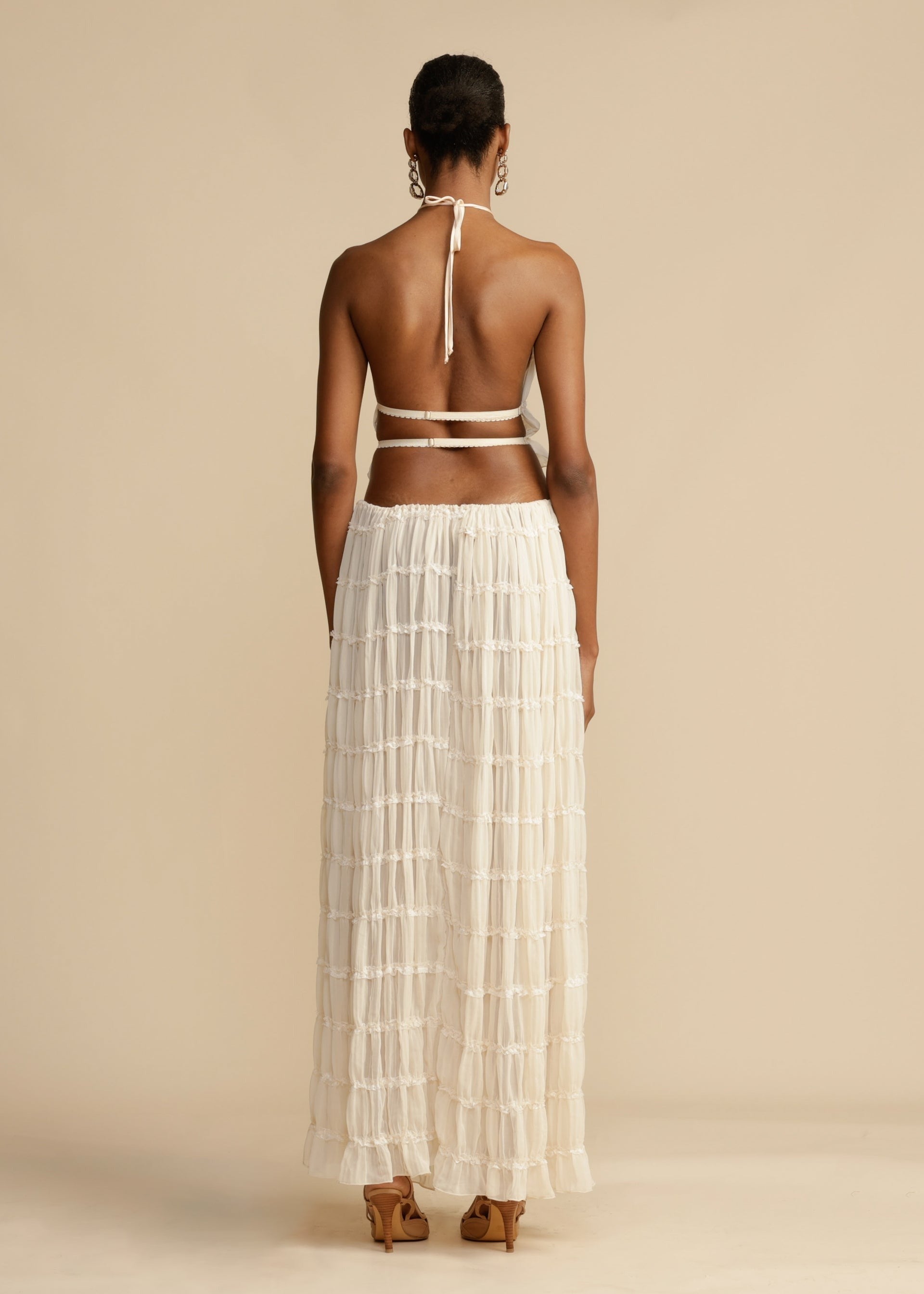 White Ruched Halter Maxi Skirt and Backless Top Set