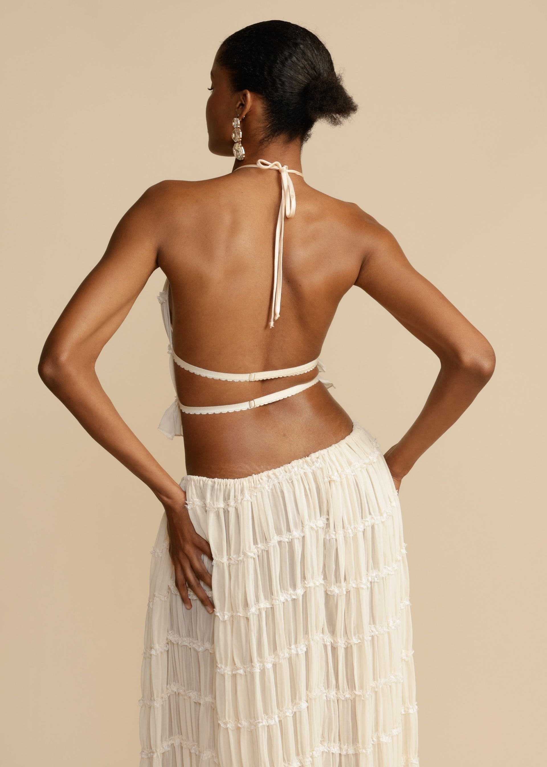White Ruched Halter Maxi Skirt and Backless Top Set
