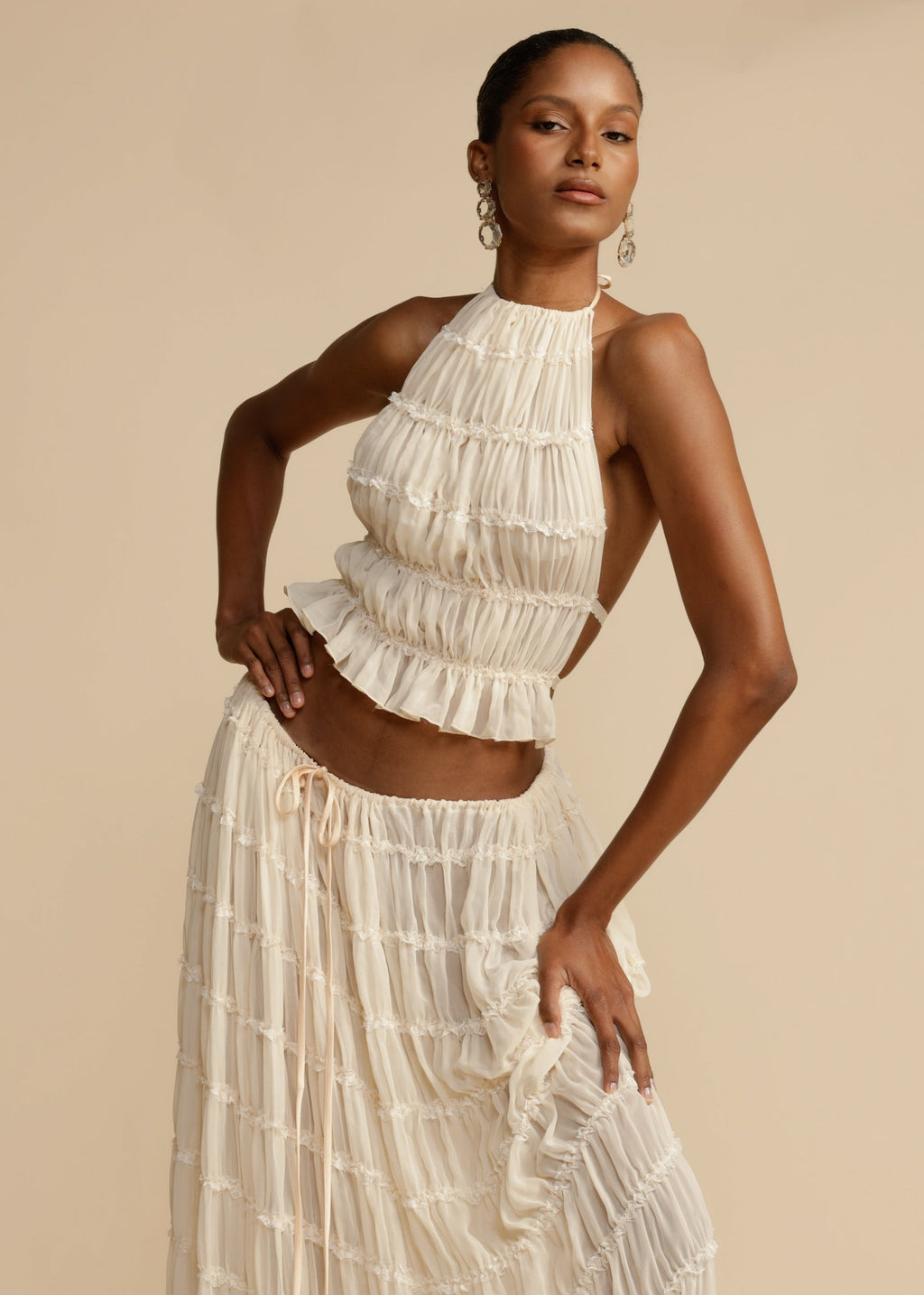 White Ruched Halter Maxi Skirt and Backless Top Set
