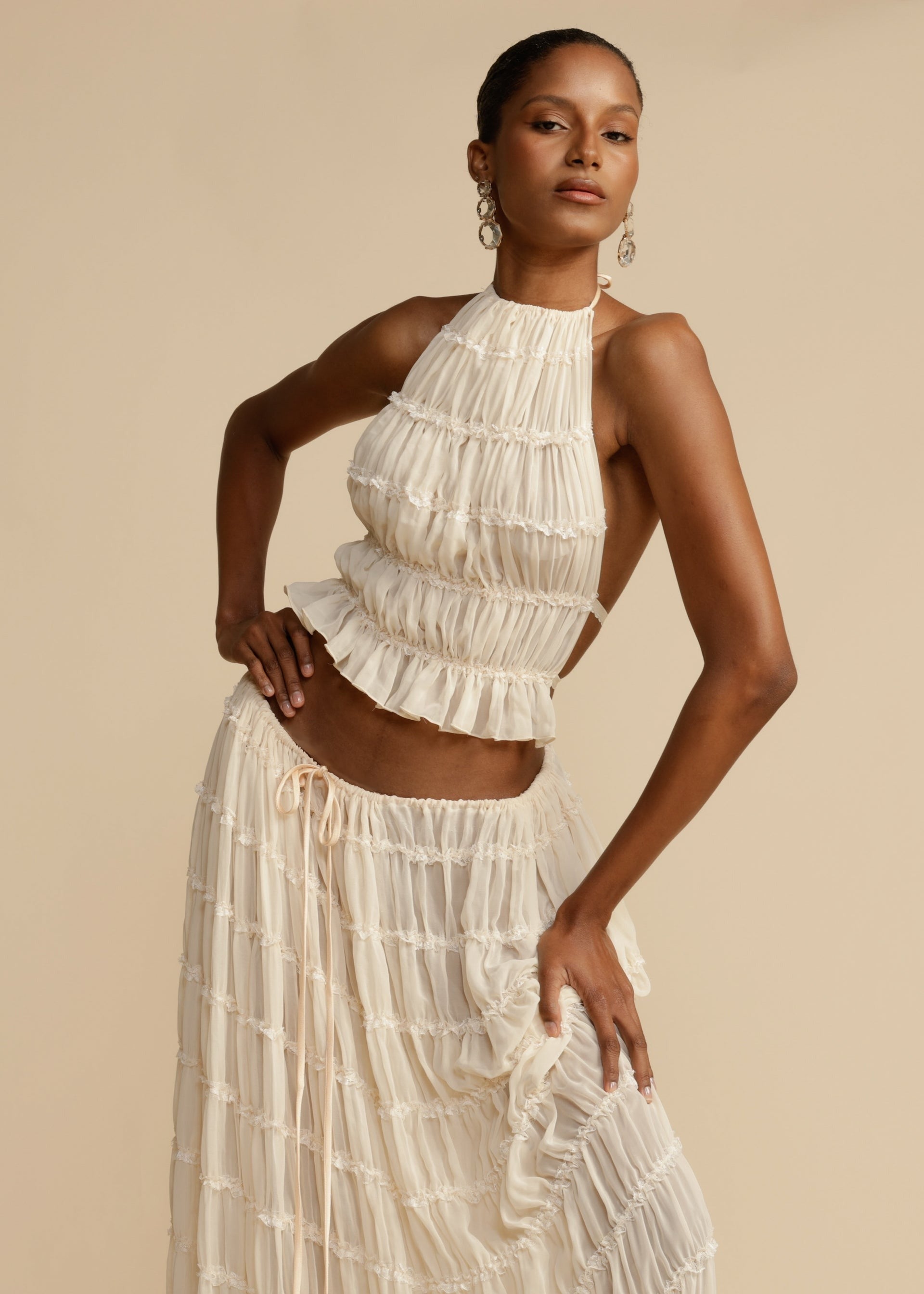 White Ruched Halter Maxi Skirt and Backless Top Set