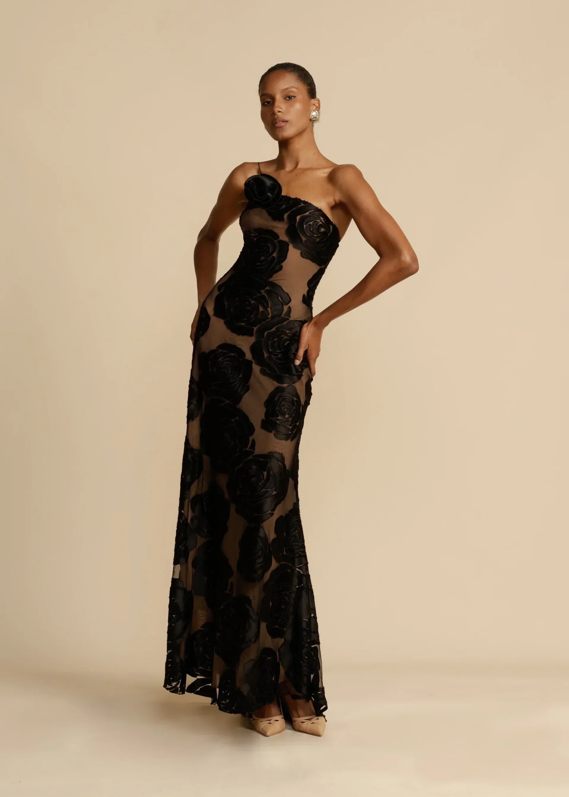 Velvet Floral Gown with Black Rose Detail
