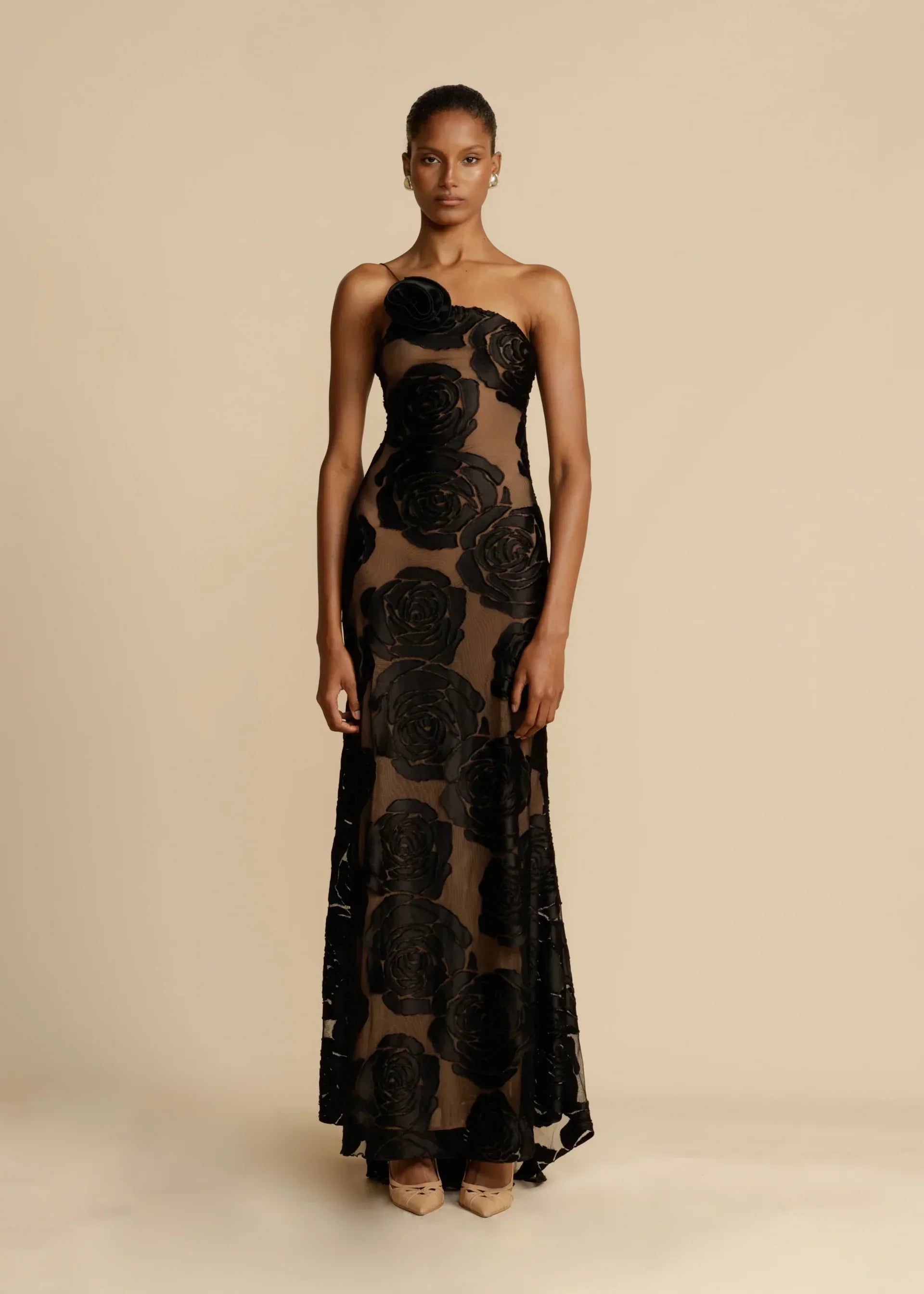 Velvet Floral Gown with Black Rose Detail