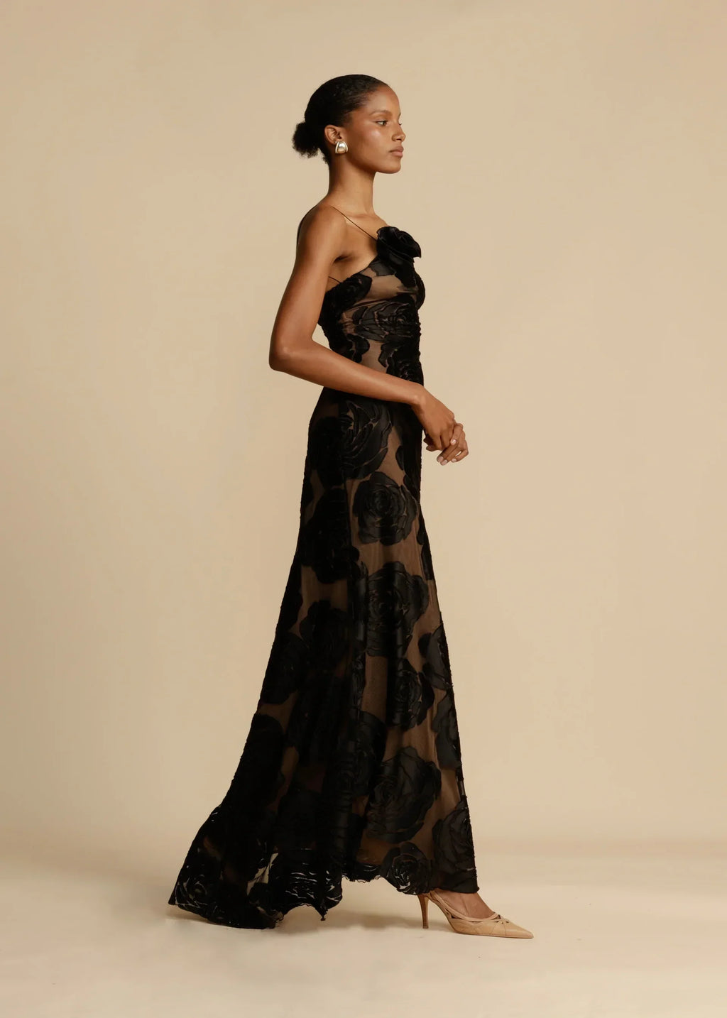 Velvet Floral Gown with Black Rose Detail