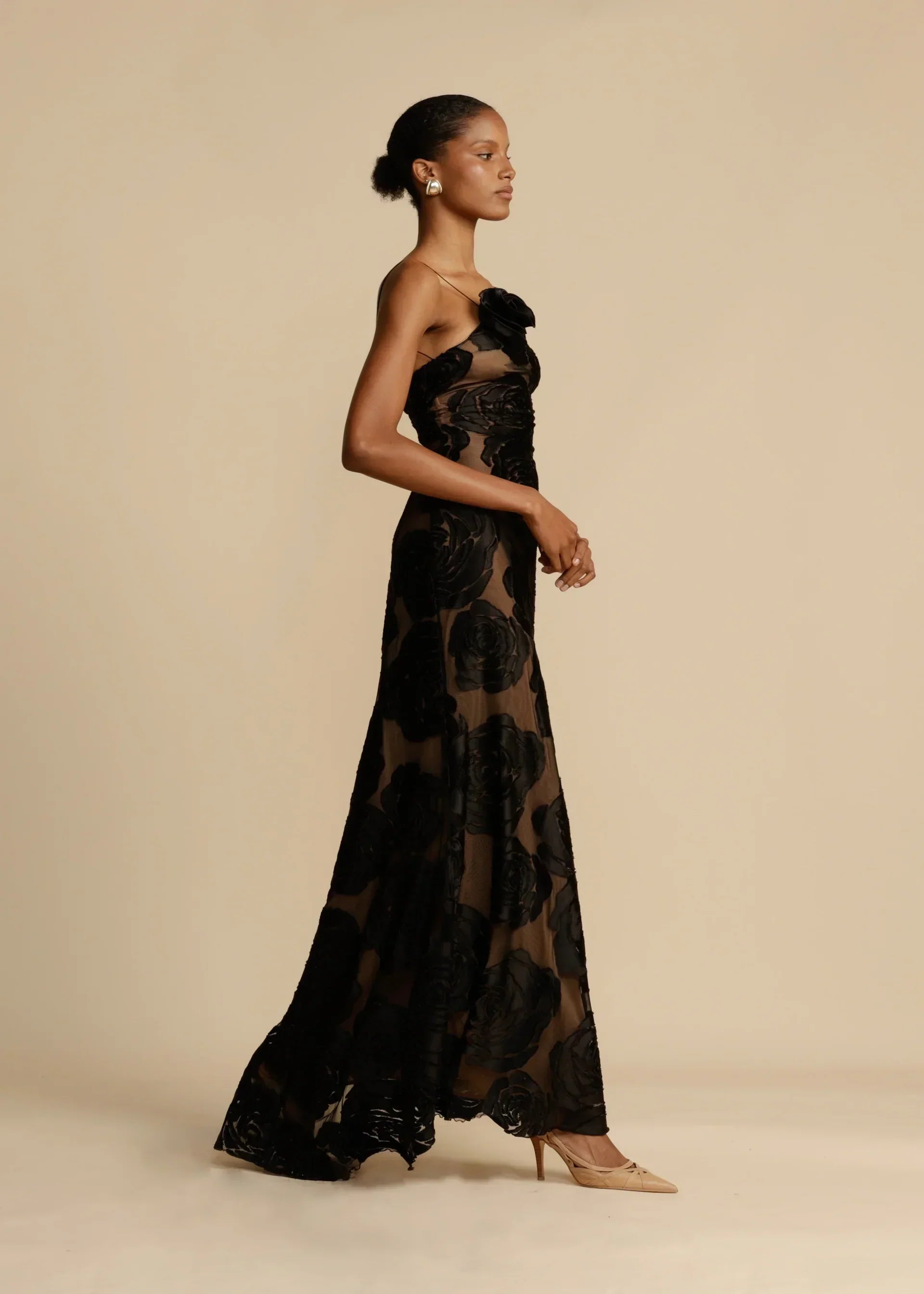 Velvet Floral Gown with Black Rose Detail