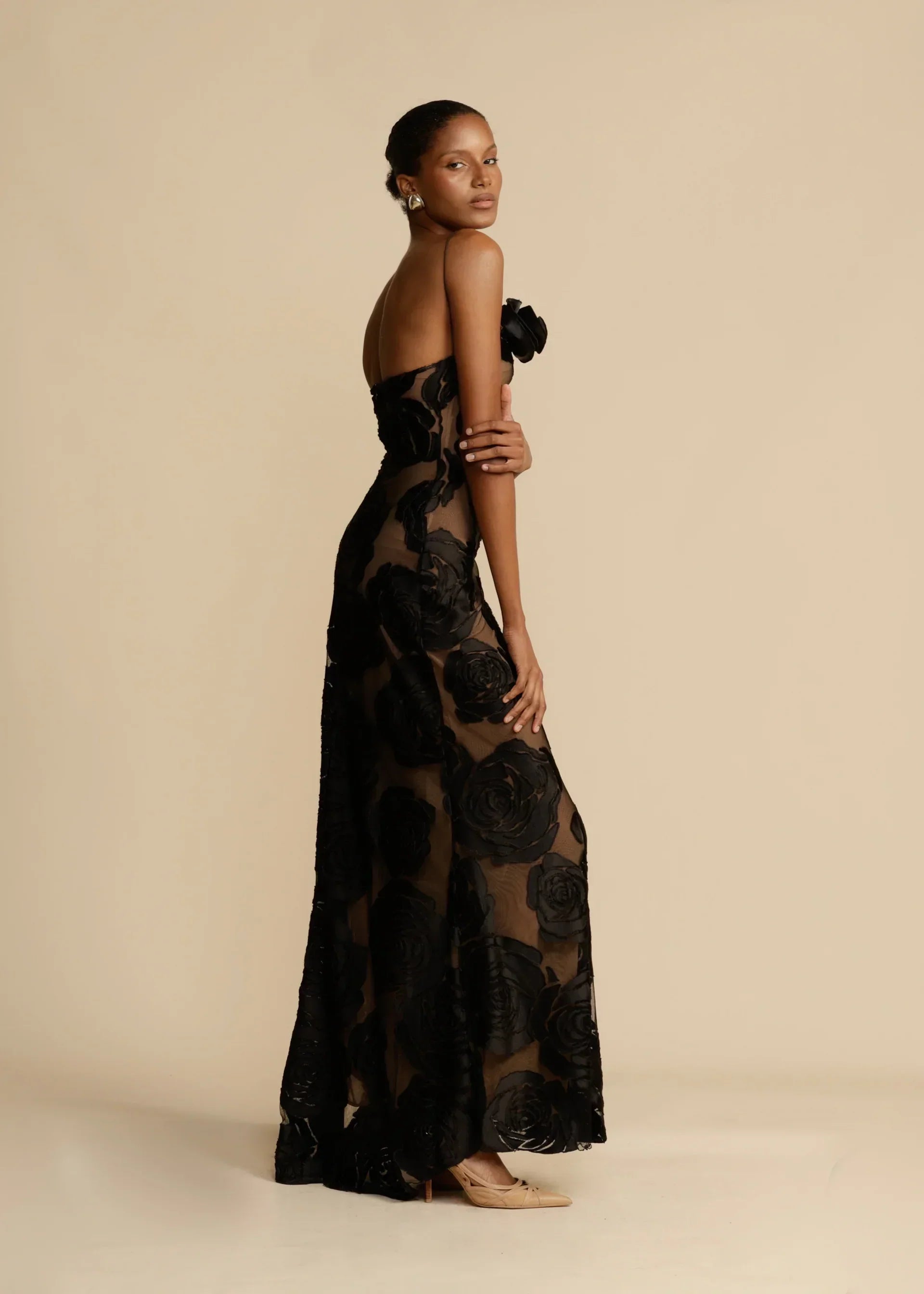 Velvet Floral Gown with Black Rose Detail