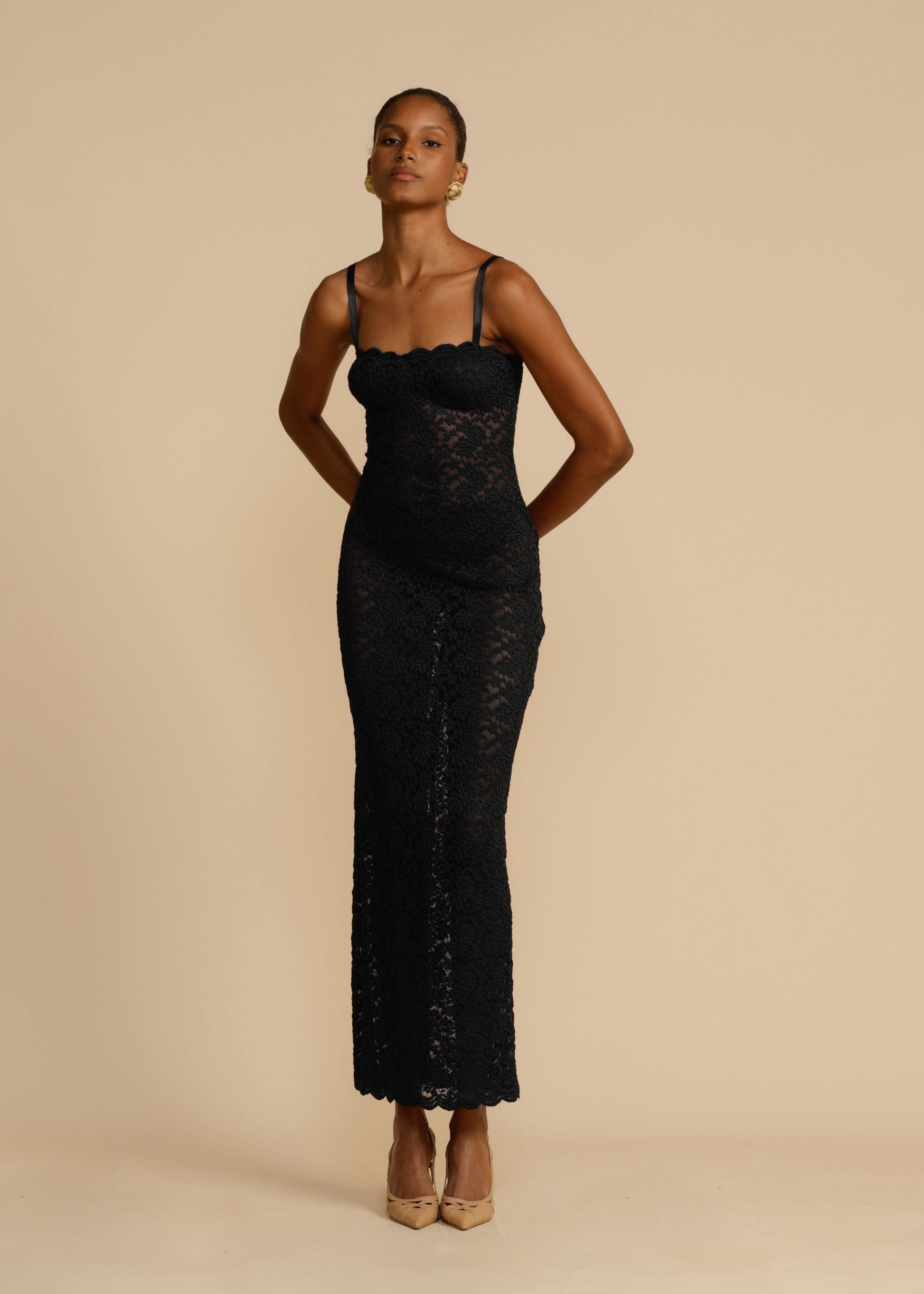 Black Flora Lace Bustier Maxi Dress