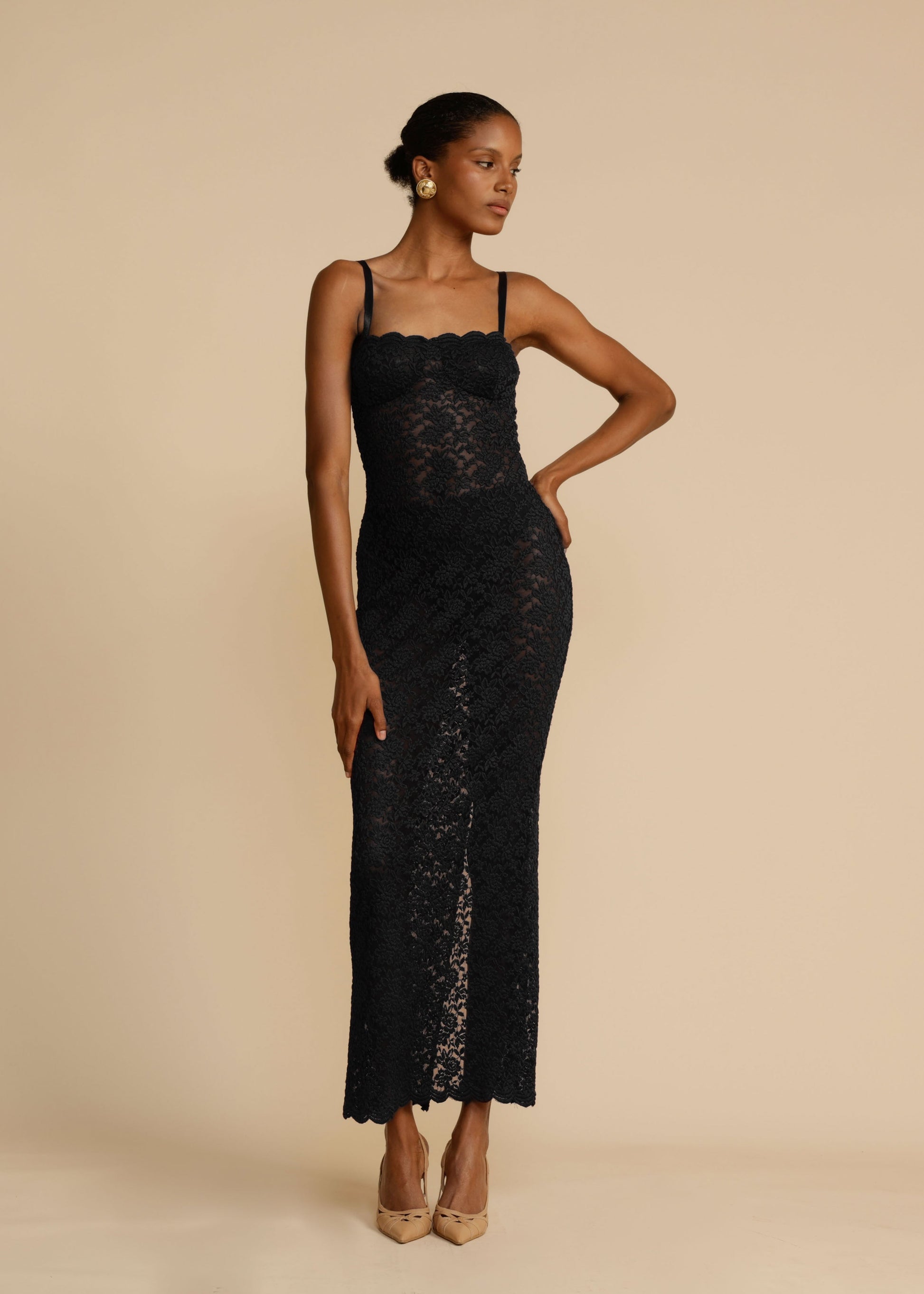 Black Flora Lace Bustier Maxi Dress