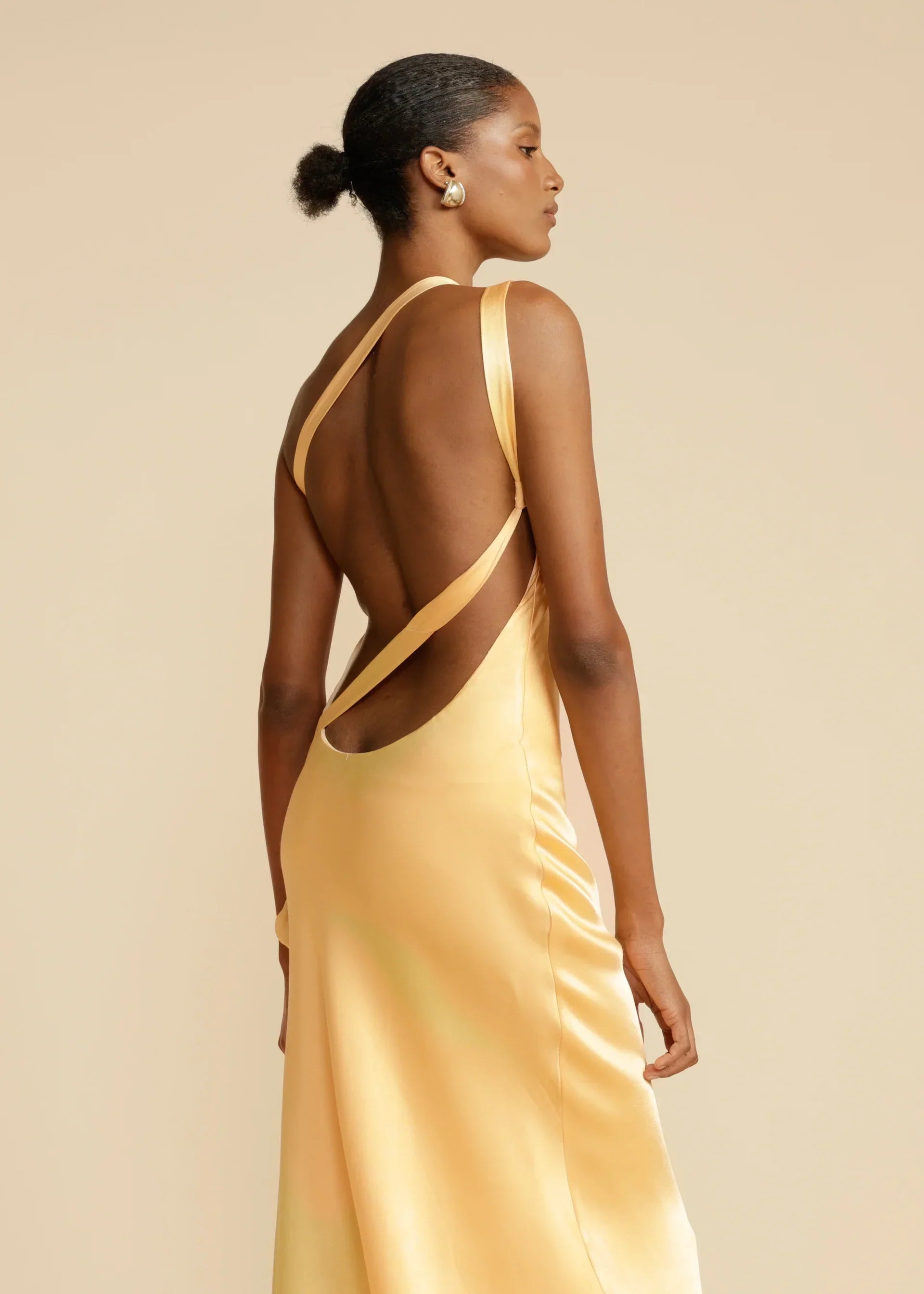 Yellow One-Shoulder Backless Satin Maxi Dress