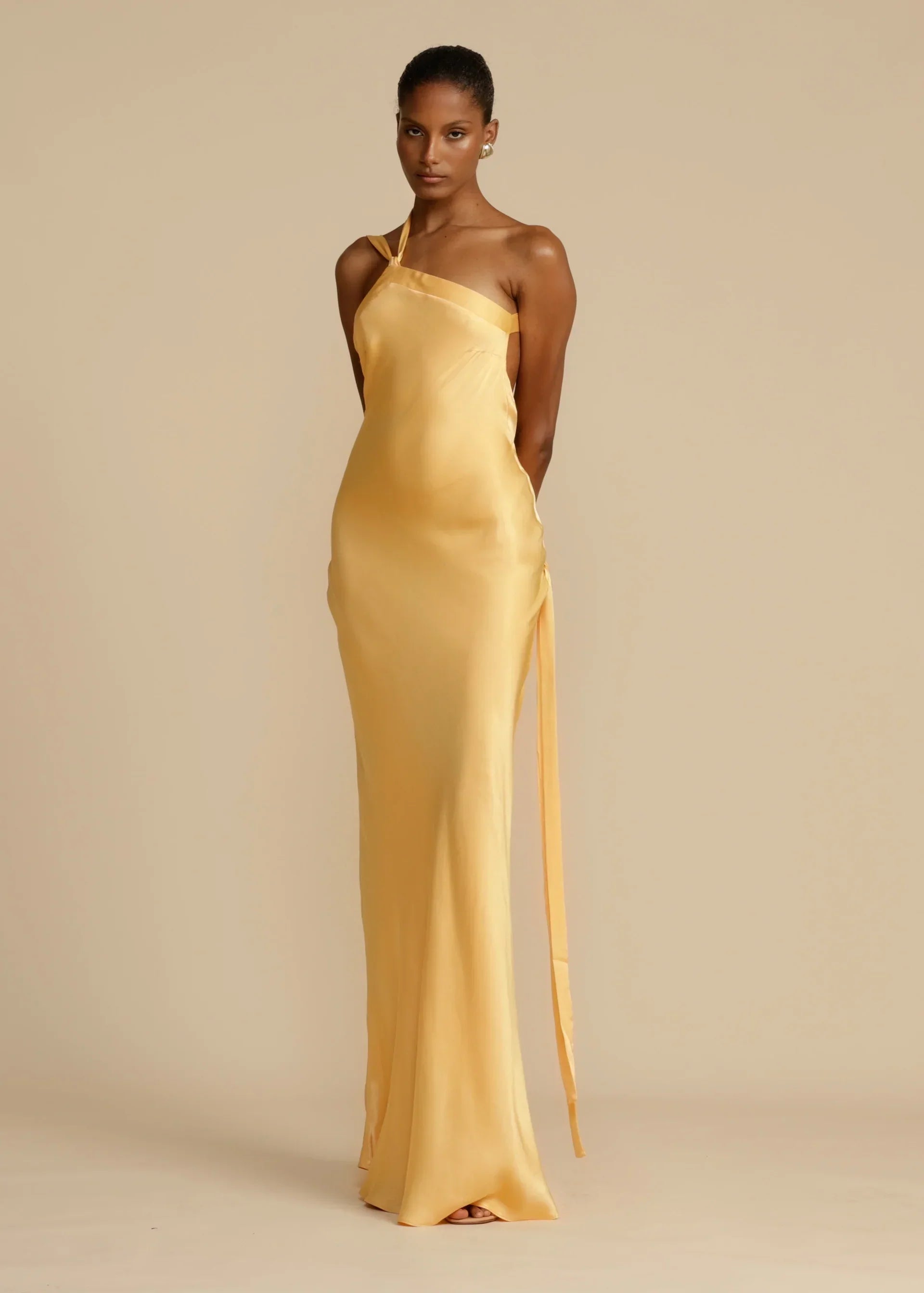 Yellow One-Shoulder Backless Satin Maxi Dress