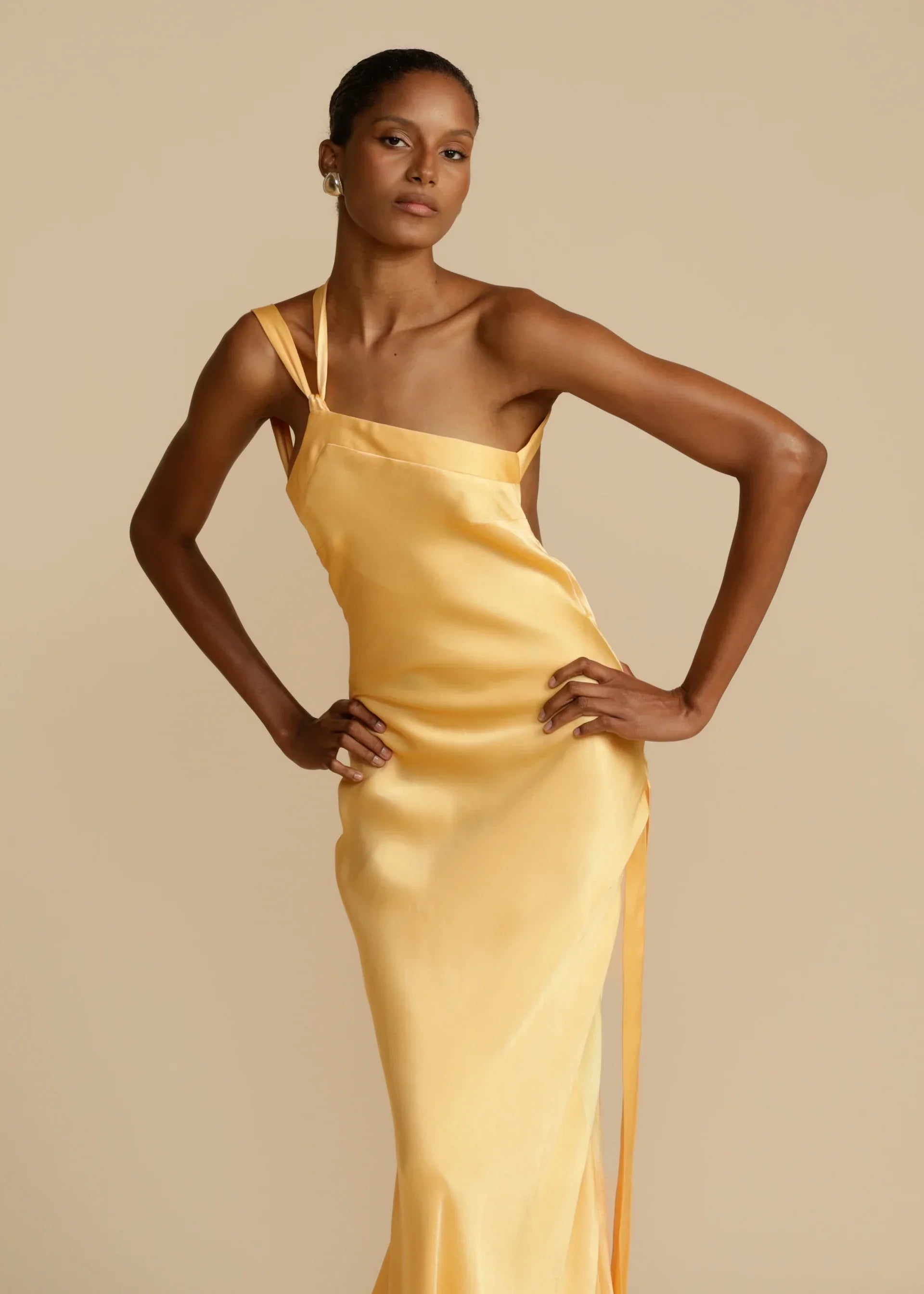 Yellow One-Shoulder Backless Satin Maxi Dress