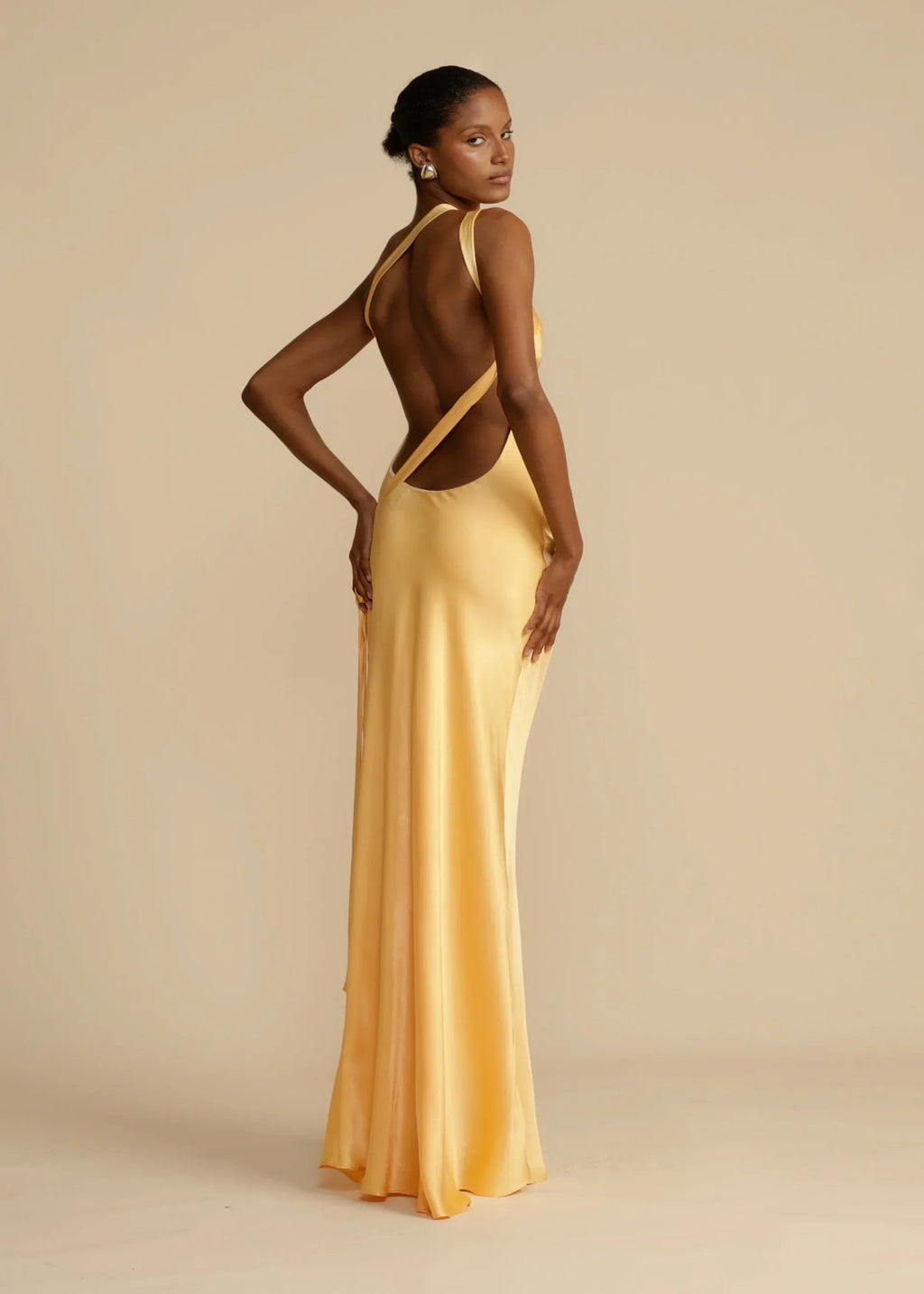 Yellow One-Shoulder Backless Satin Maxi Dress