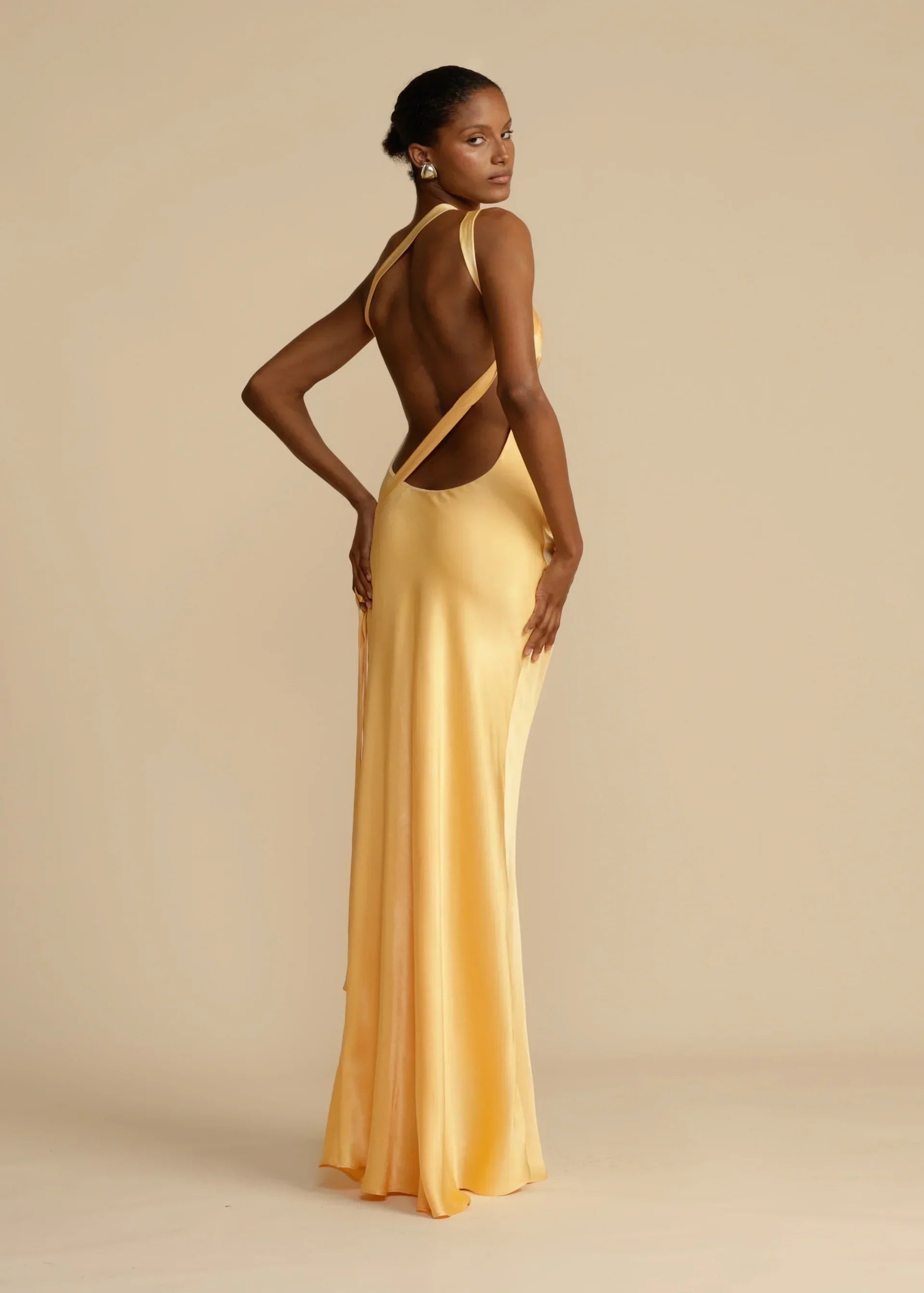 Yellow One-Shoulder Backless Satin Maxi Dress