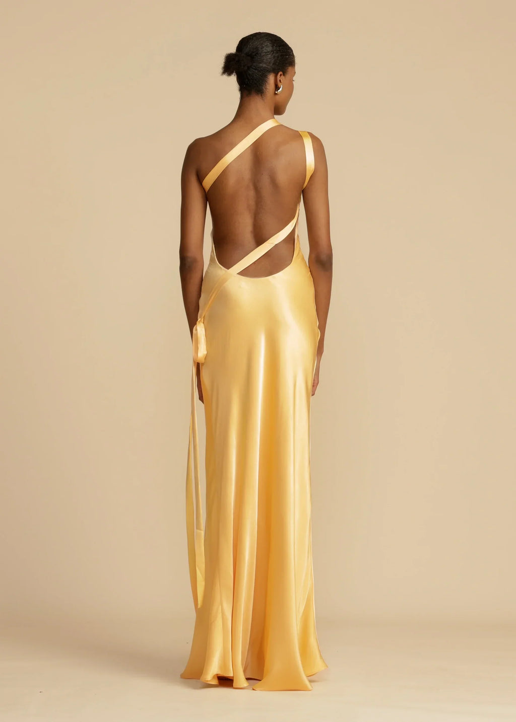 Yellow One-Shoulder Backless Satin Maxi Dress