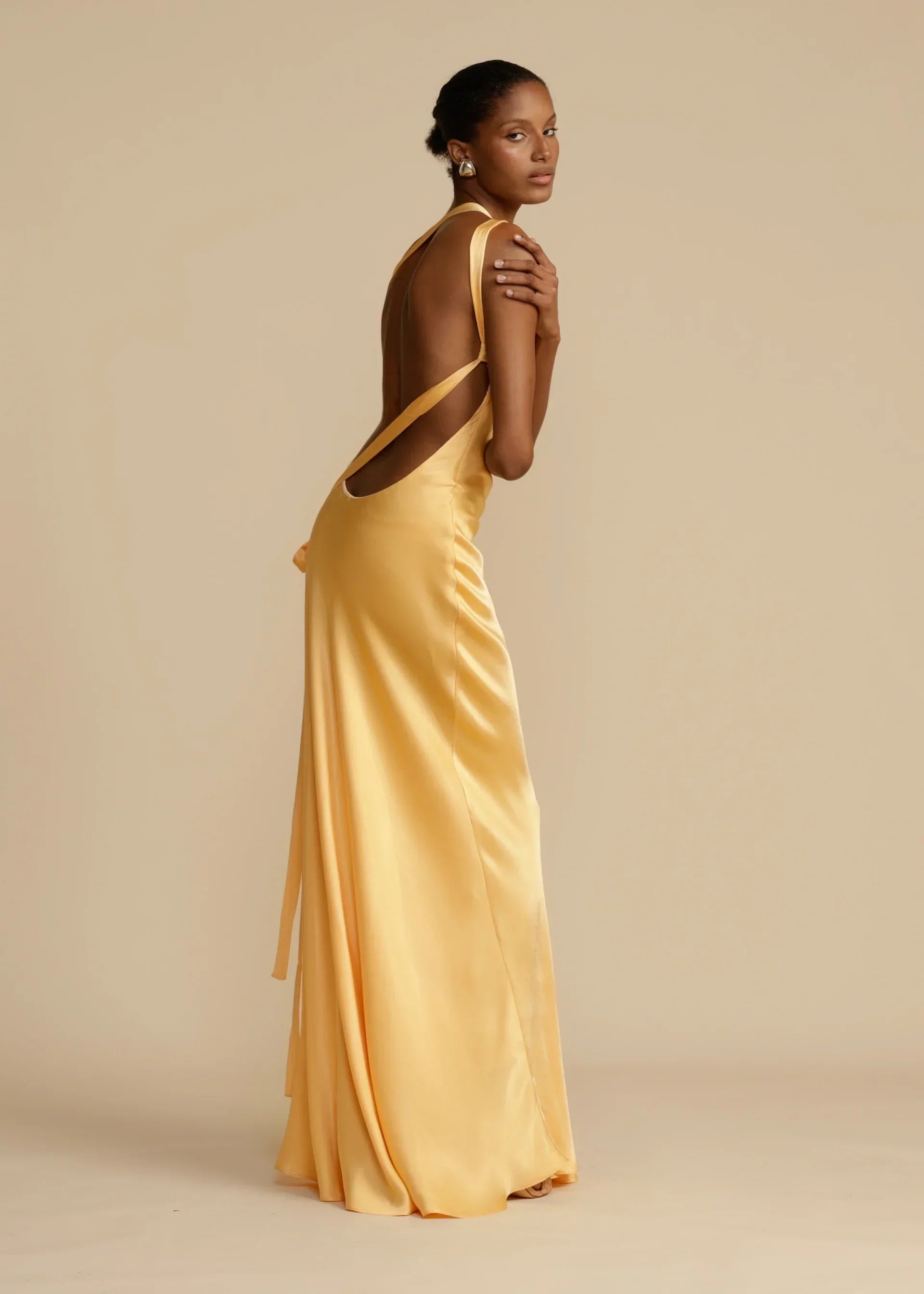 Yellow One-Shoulder Backless Satin Maxi Dress