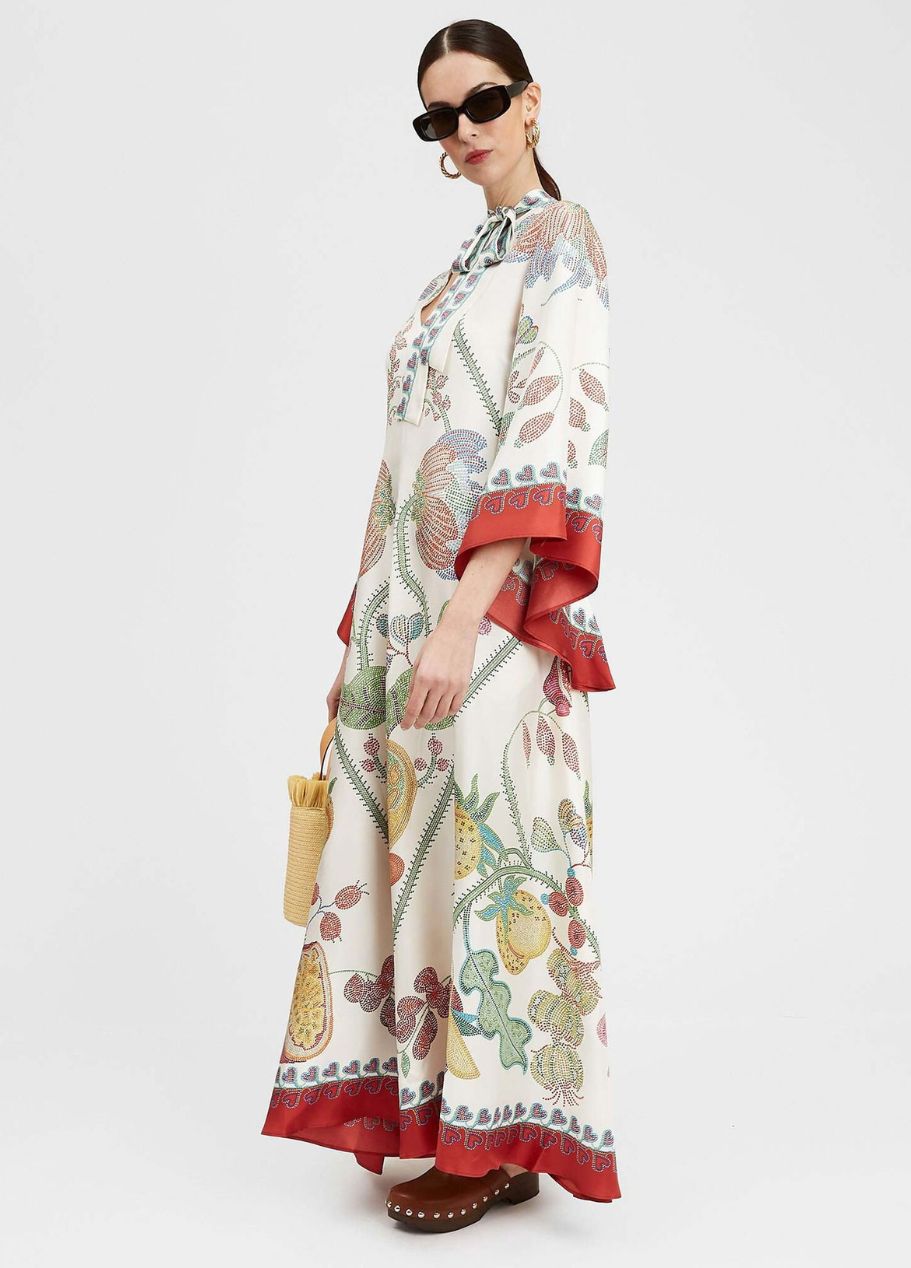 Printed Silk Maxi Dress with High Neck and Draped Sleeves
