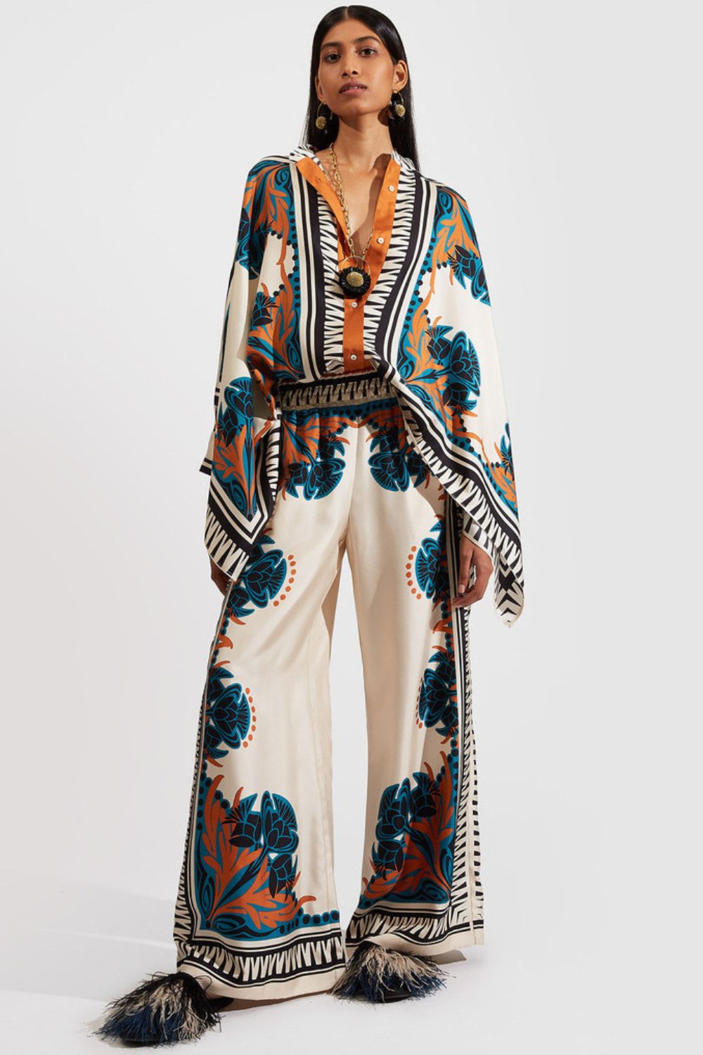 Silk Twill Wide Leg Pant and Top Set with Fan Print Luxe Resort Style