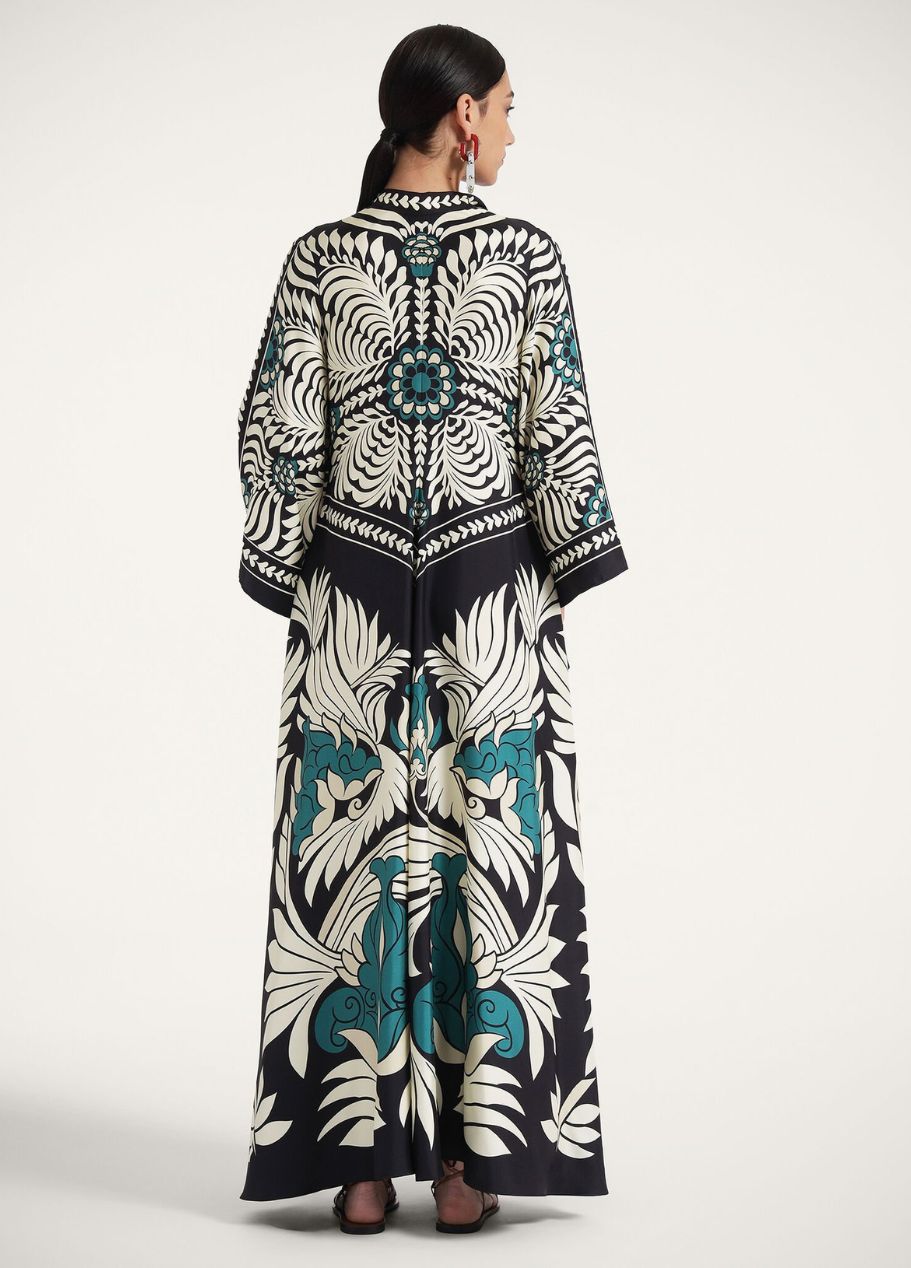 Printed Silk Maxi Dress with High Neck and Draped Sleeves