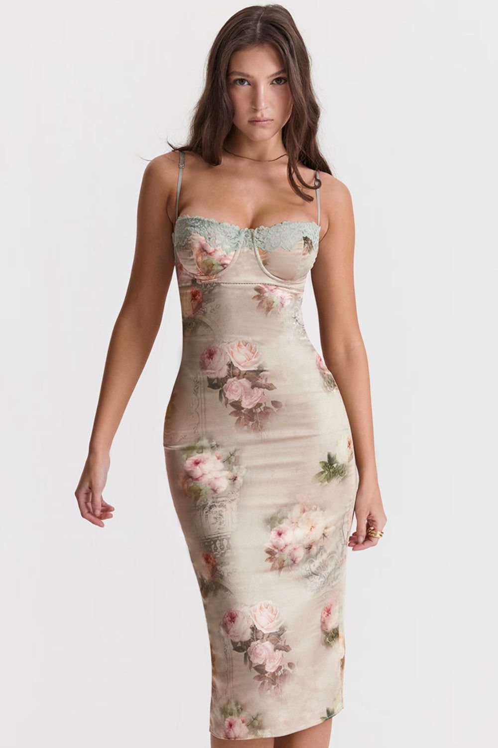 Floral Midi Dress with Lace Trim