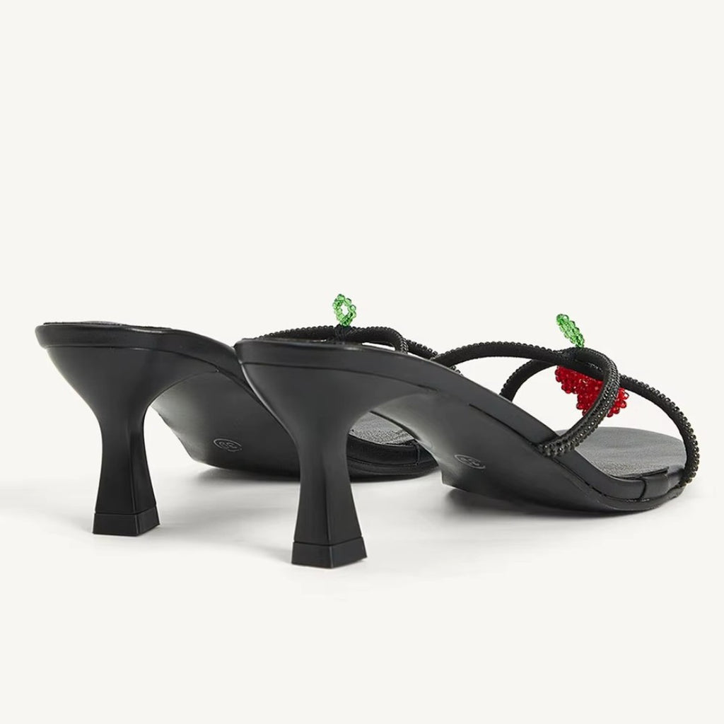 Beaded Strap Kitten Heel Slide Sandals