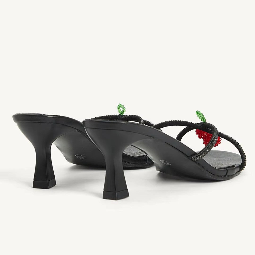 Beaded Strap Kitten Heel Slide Sandals