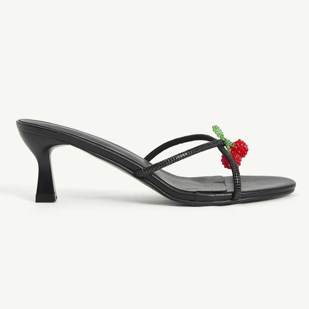 Beaded Strap Kitten Heel Slide Sandals