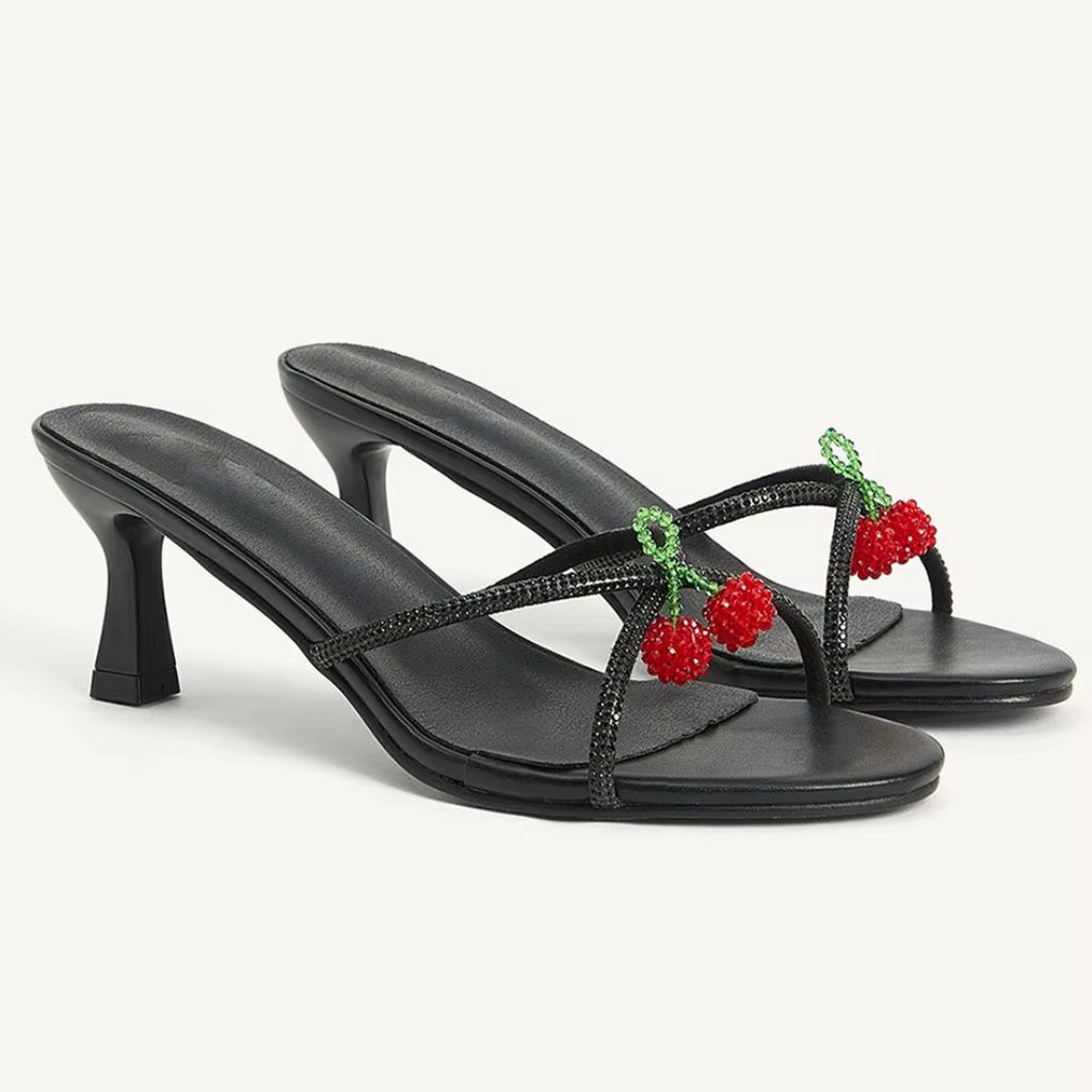 Beaded Strap Kitten Heel Slide Sandals