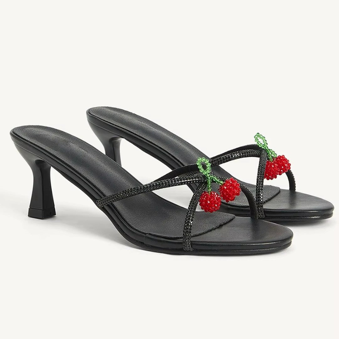 Beaded Strap Kitten Heel Slide Sandals