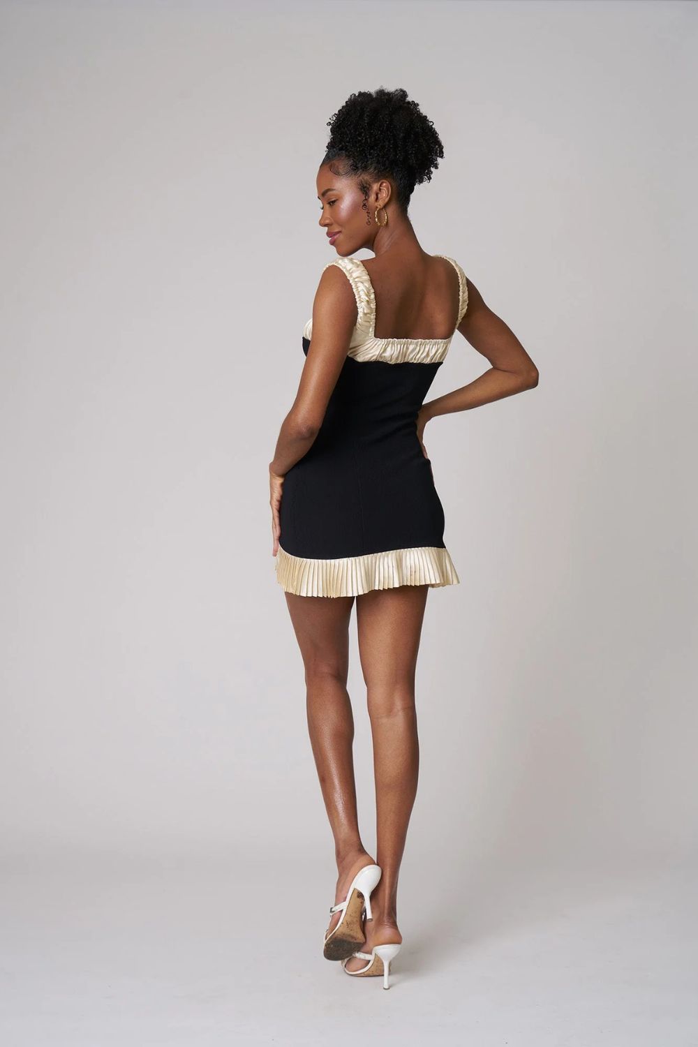 Off-Shoulder Rib Knit Mini Dress in Black with Silk Ruffle Trim