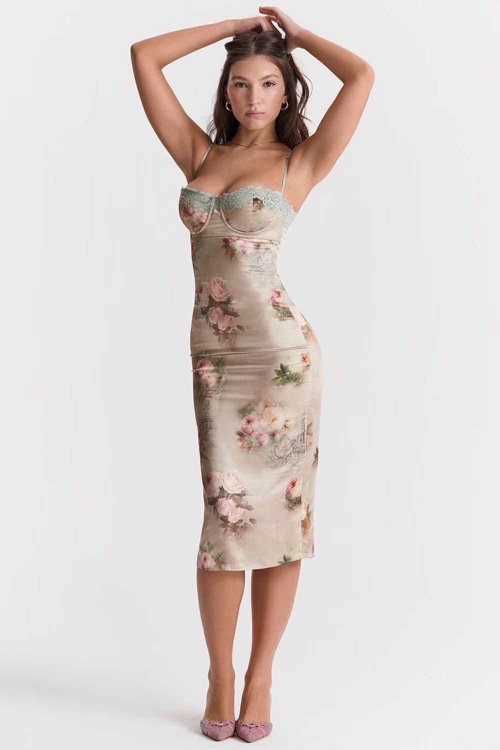 Floral Midi Dress with Lace Trim