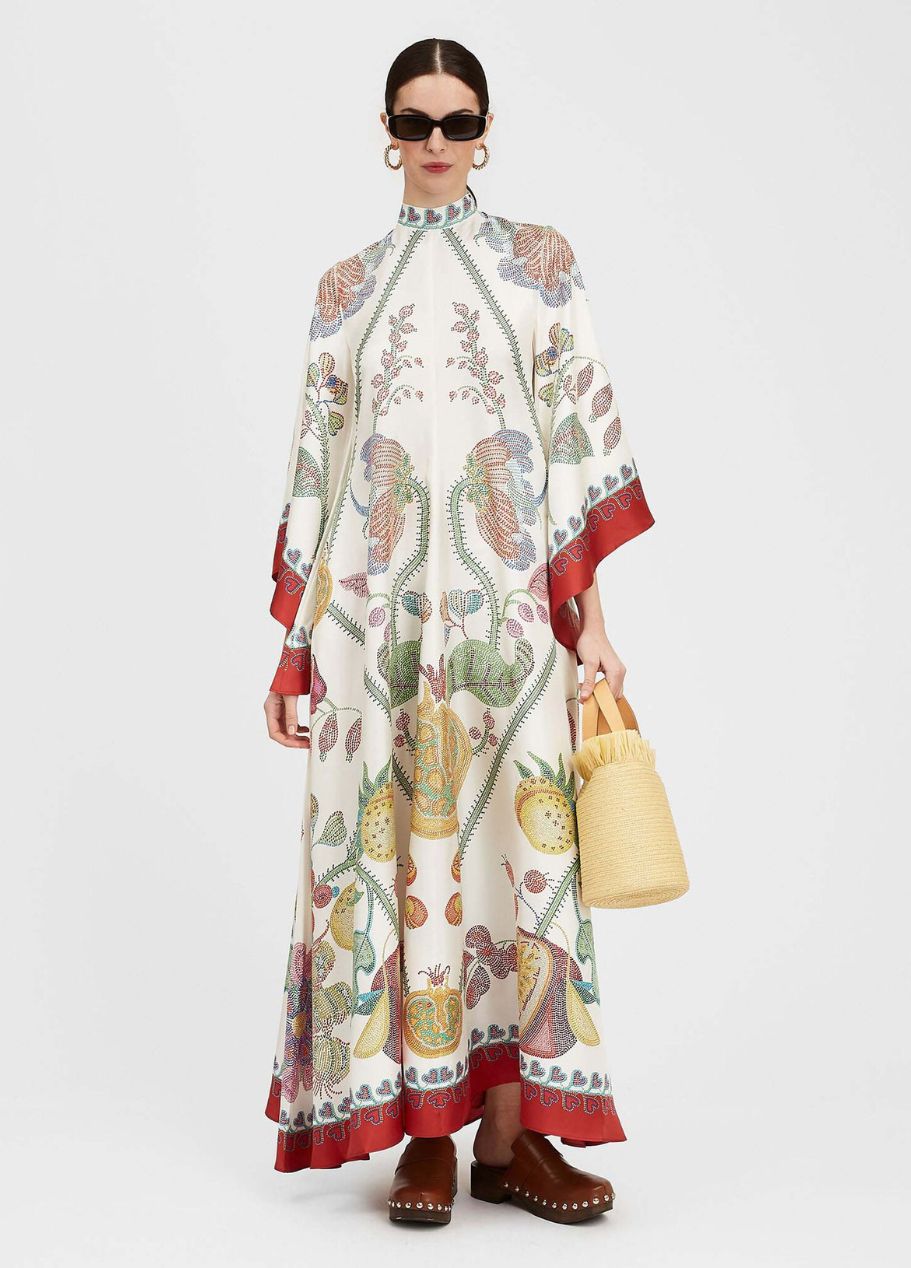 Printed Silk Maxi Dress with High Neck and Draped Sleeves