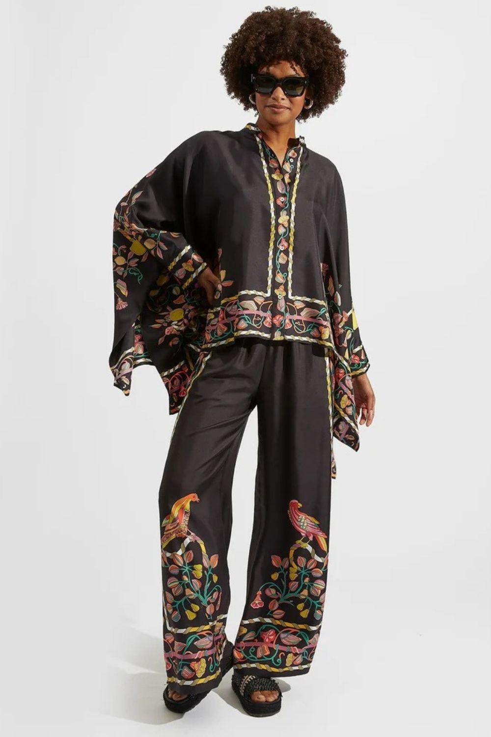 Silk Twill Wide Leg Pant and Top Set with Fan Print Luxe Resort Style